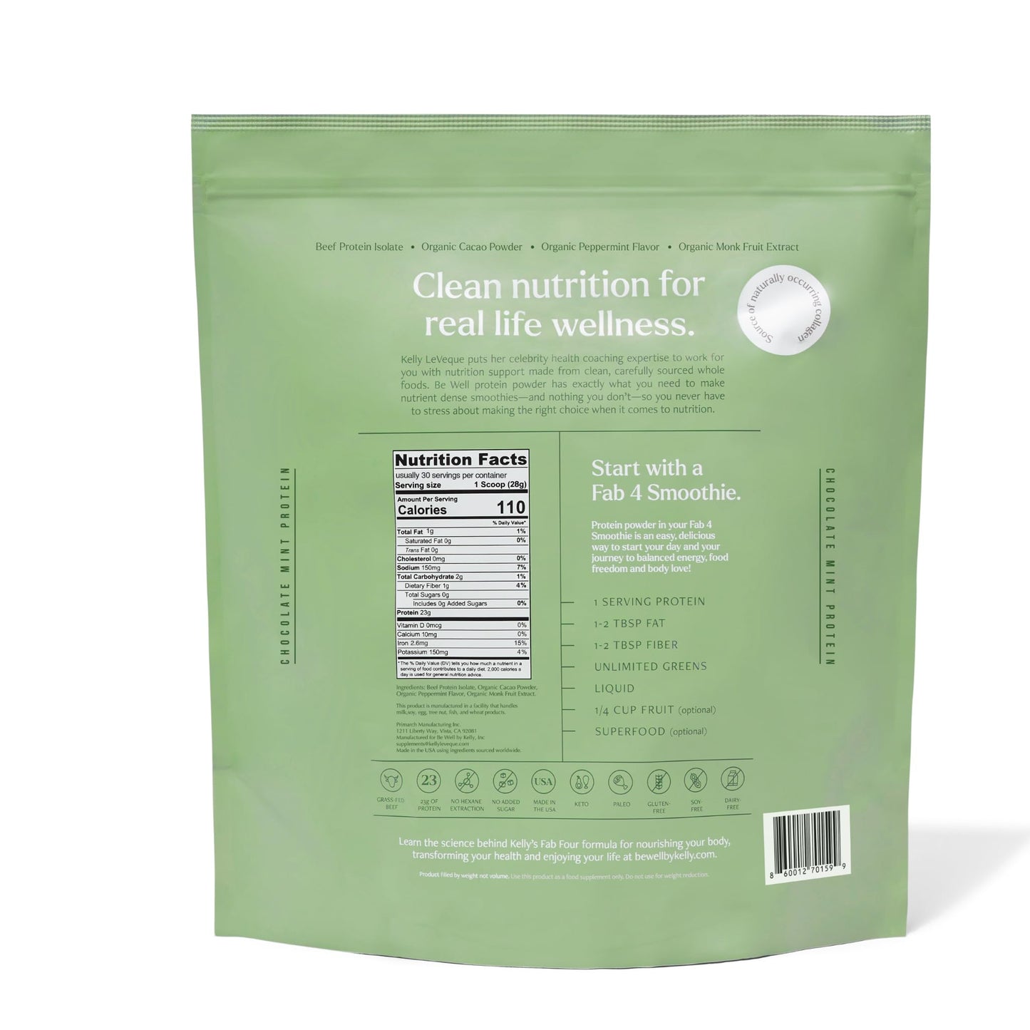Be Well by Kelly LeVeque Grass Fed Beef Protein Powder Mint Chocolate Flavor 28