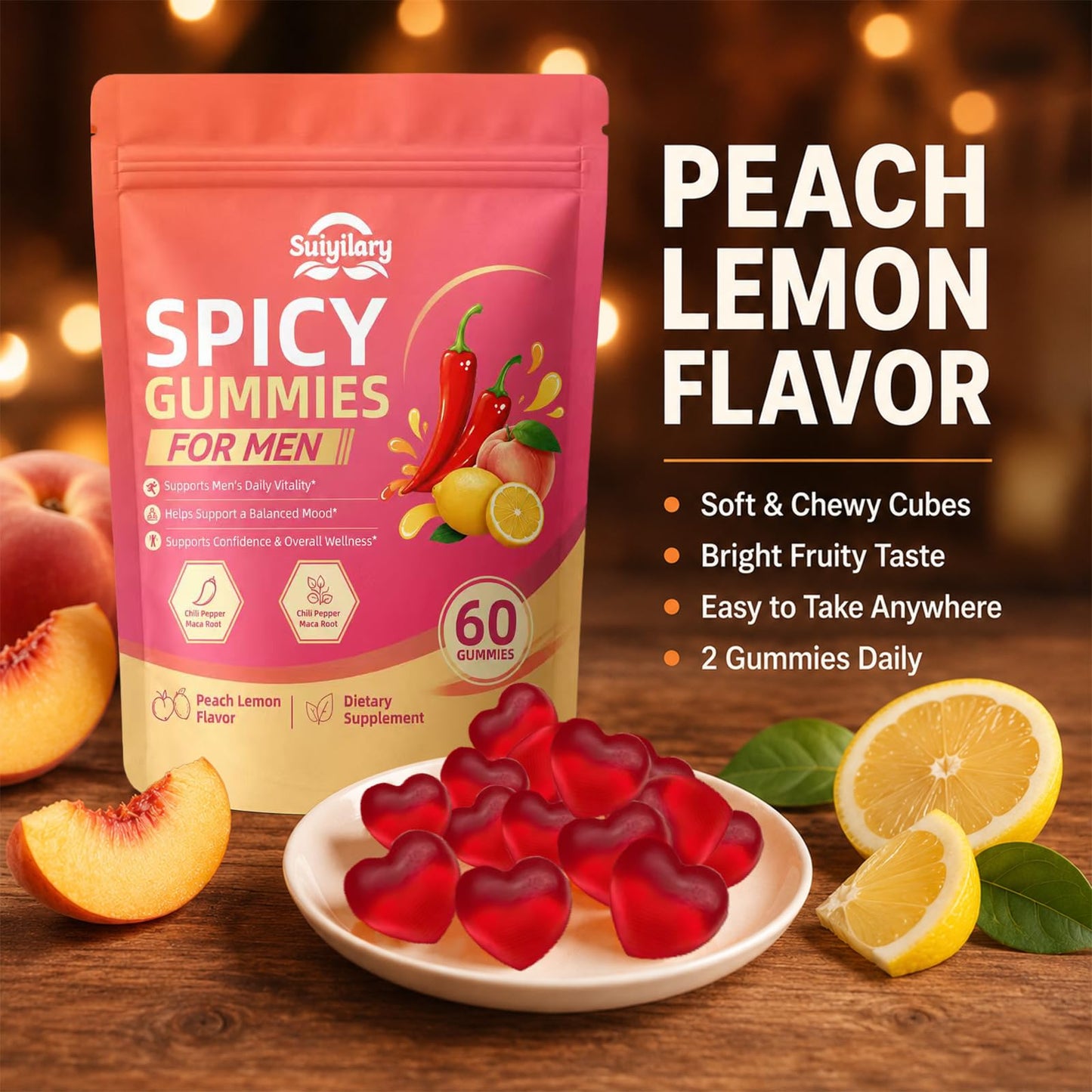 Suiyilary Spicy Gummies Cubes for Couples, Adults Hot Peach Flavor, Gummy, 60 Count