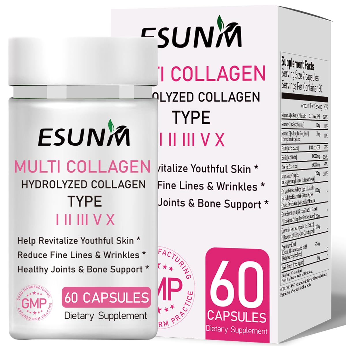 ESUNM Multi Collagen Capsules for Women & Men, 60 Capsules