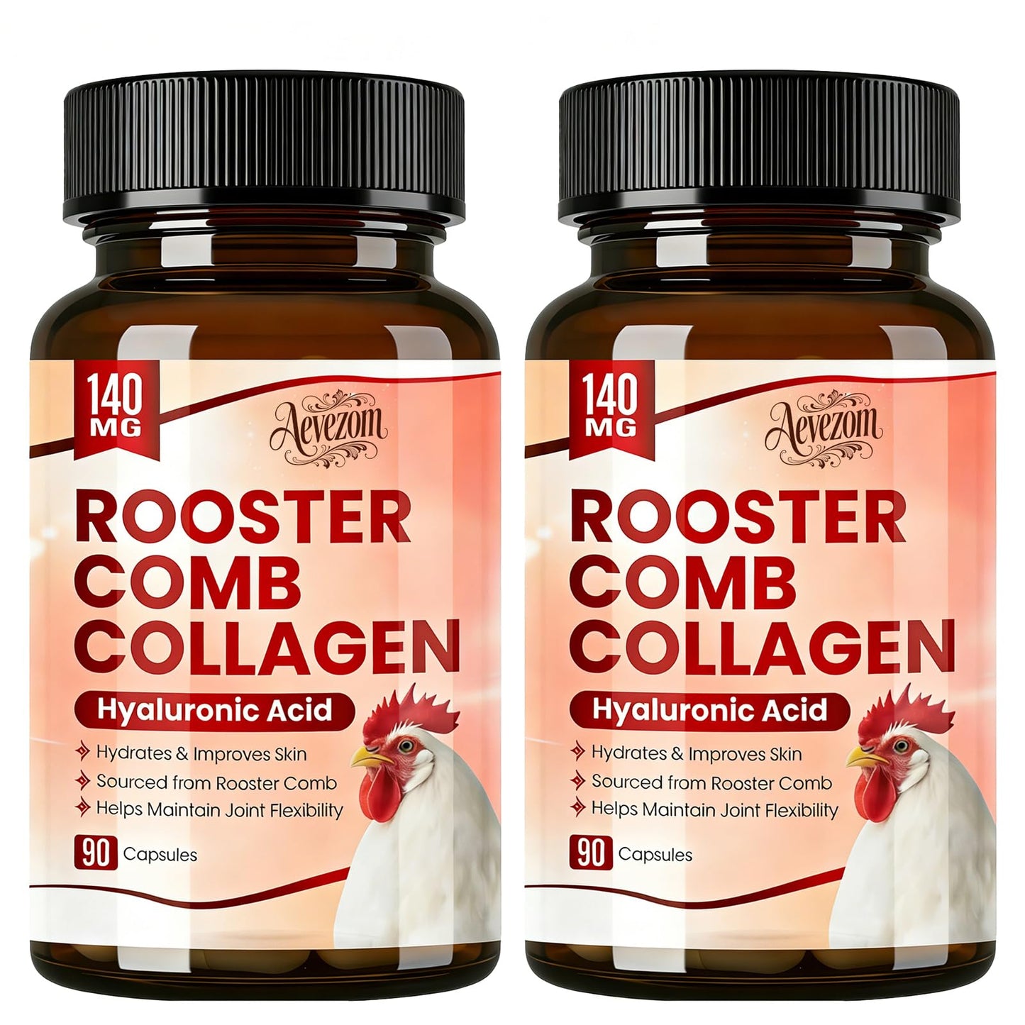Aevezom Rooster Comb Collagen & Hyaluronic Acid Supplement, Rooster Comb Extract 140 mg, 90 Capsules