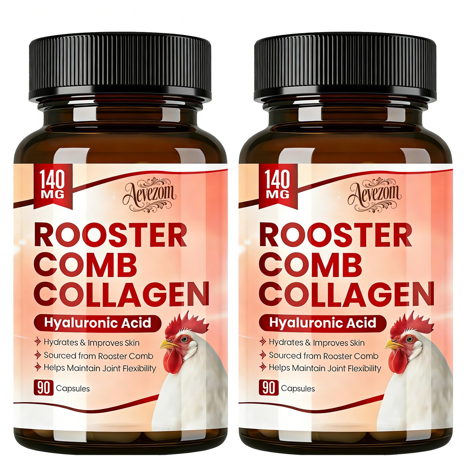 Aevezom Rooster Comb Collagen & Hyaluronic Acid Supplement, Rooster Comb Extract 140 mg, 90 Capsules