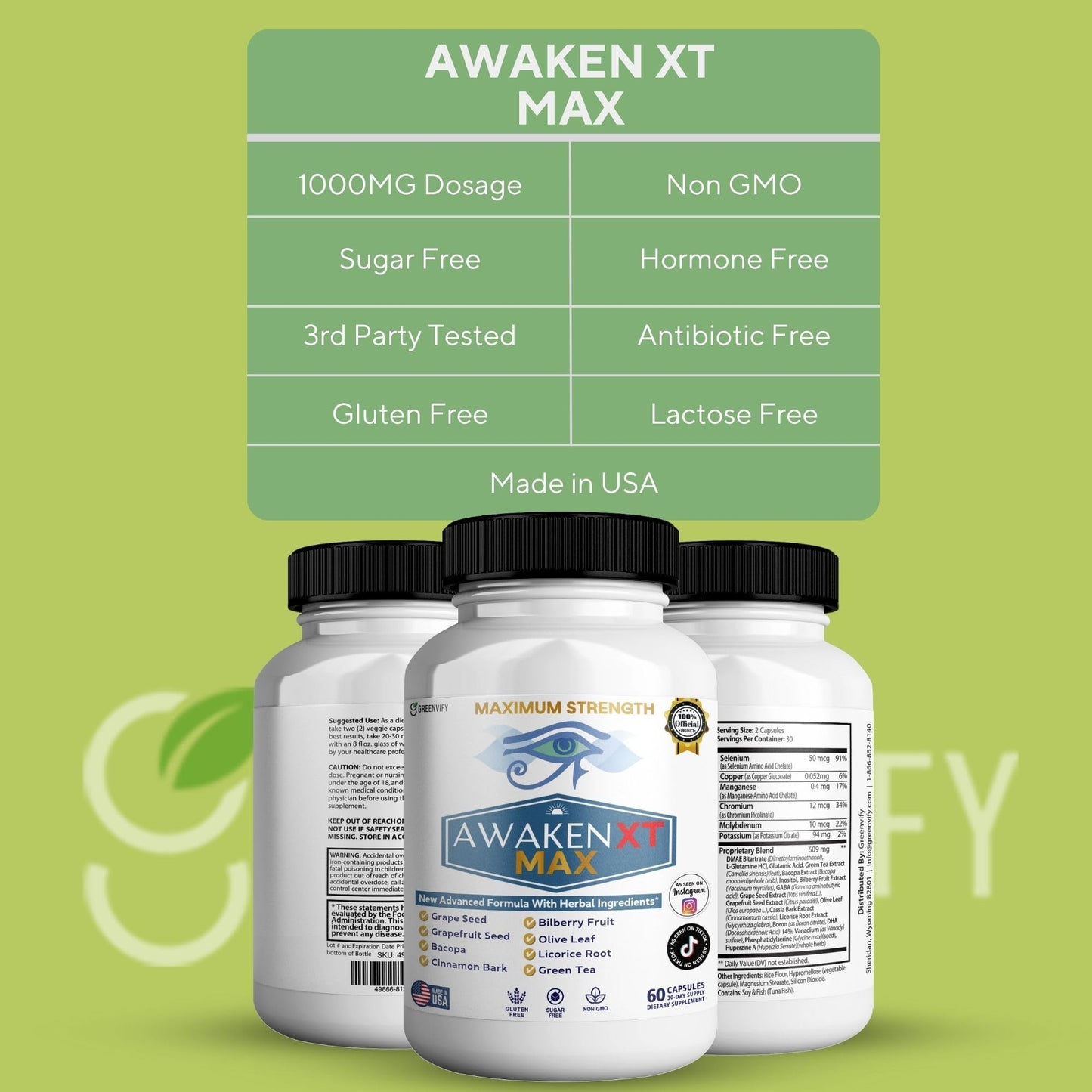 GREENVIFY Awaken XT Max Nootropic Supplement Capsules, 60 Count
