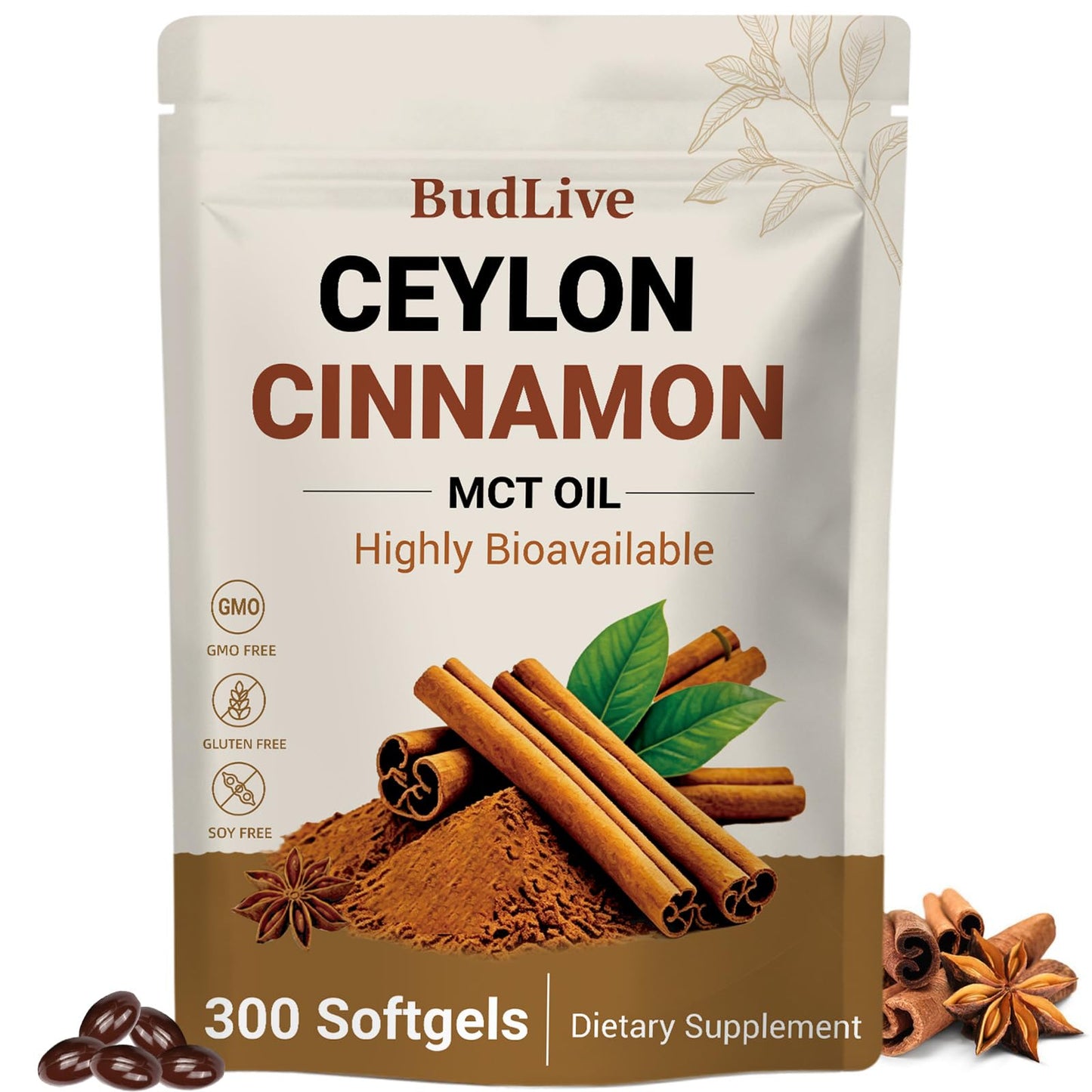BudLive Ceylon Cinnamon Softgel with MCT Oil, Organic, 300 Softgels