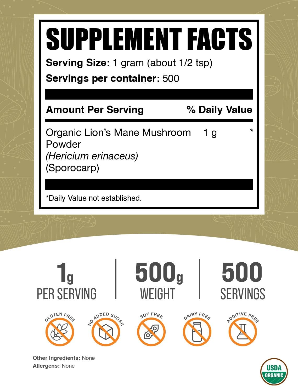 BulkSupplements Organic Lions Mane Mushroom Powder 17.64 Ounce