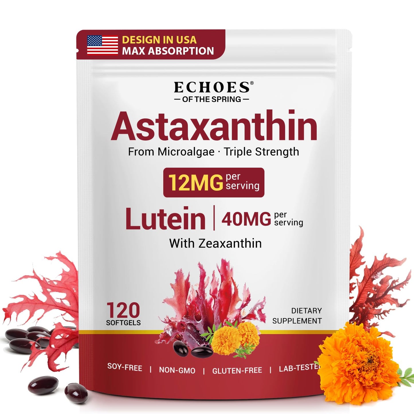 Echoes of the spring Astaxanthin 12mg & Lutein 40mg with Zeaxanthin Softgels, 120 Count