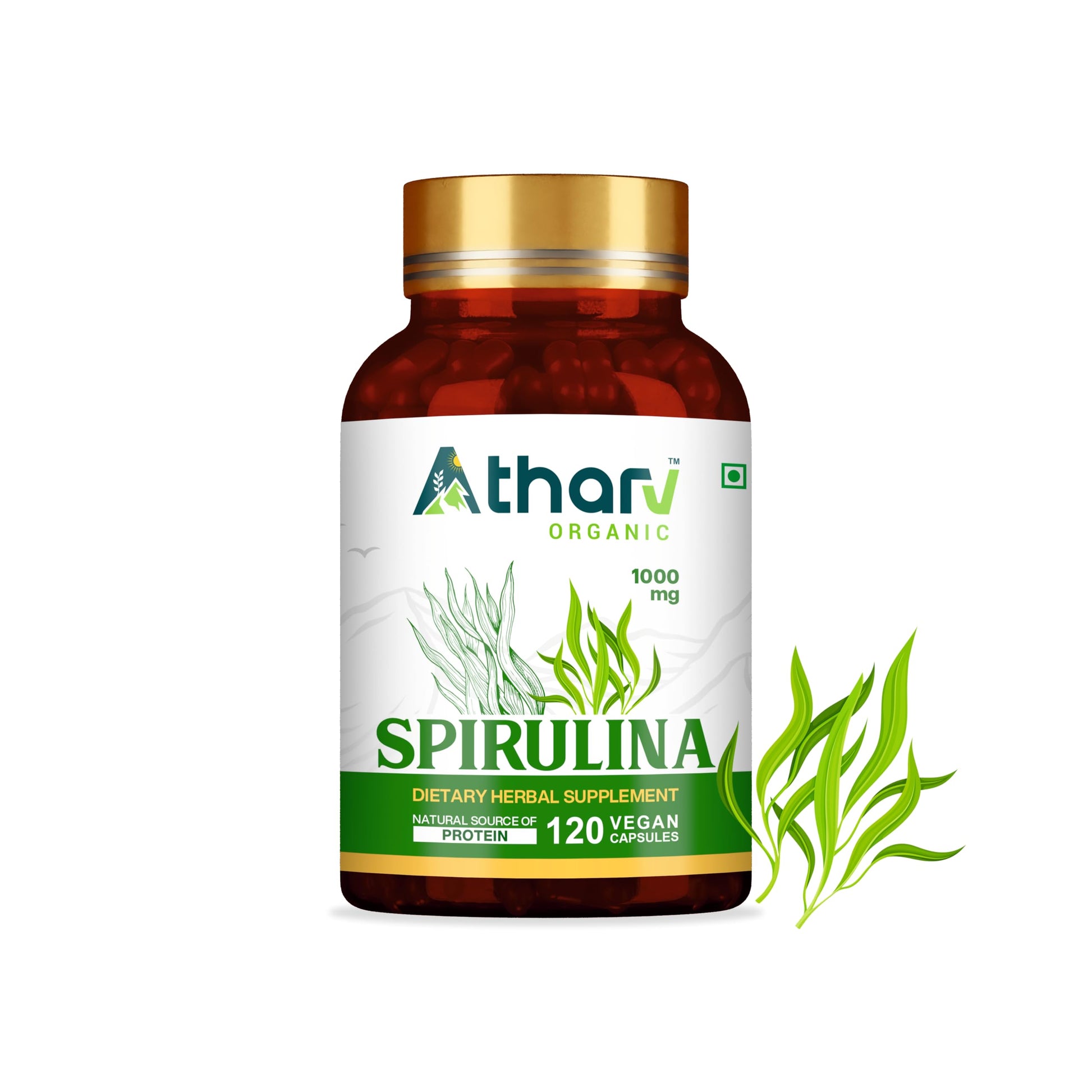 ATHARV ORGANIC Spirulina Supplement 1000mg Capsule, 120 Count