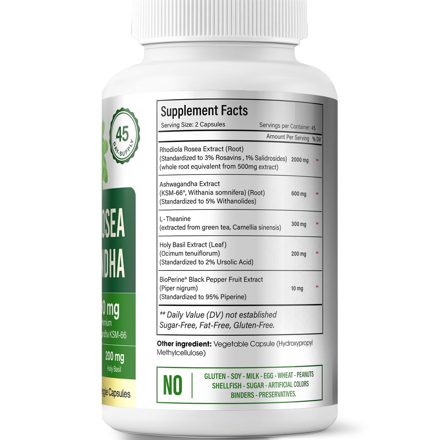 FloraBliss Rhodiola Rosea with Ashwagandha, L-Theanine, Holy Basil & Black Pepper 90 Capsules