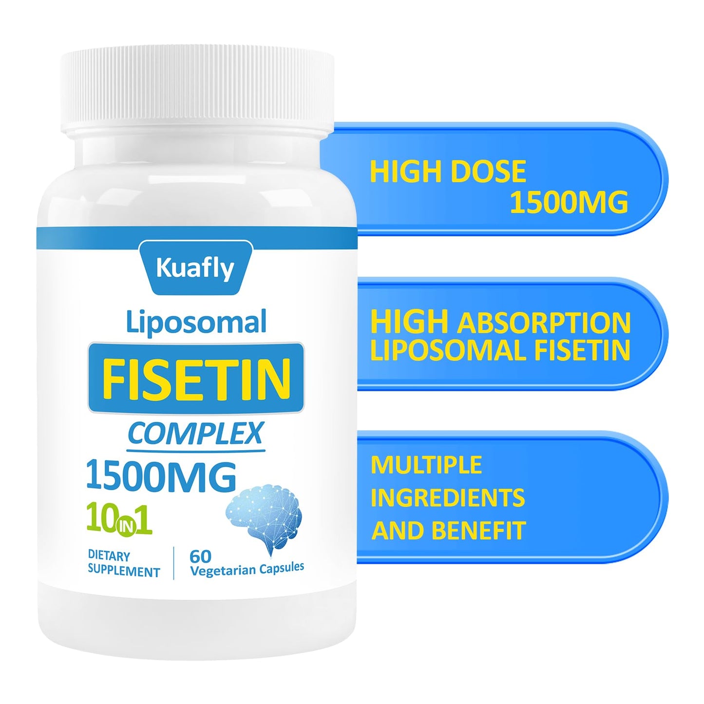 KUAFLY Liposomal Fisetin Supplement 1500MG, 10 in 1 Formula with NAC for Brain Health Support & Antioxidant, Gluten Free Non-GMO, 120 Capsules