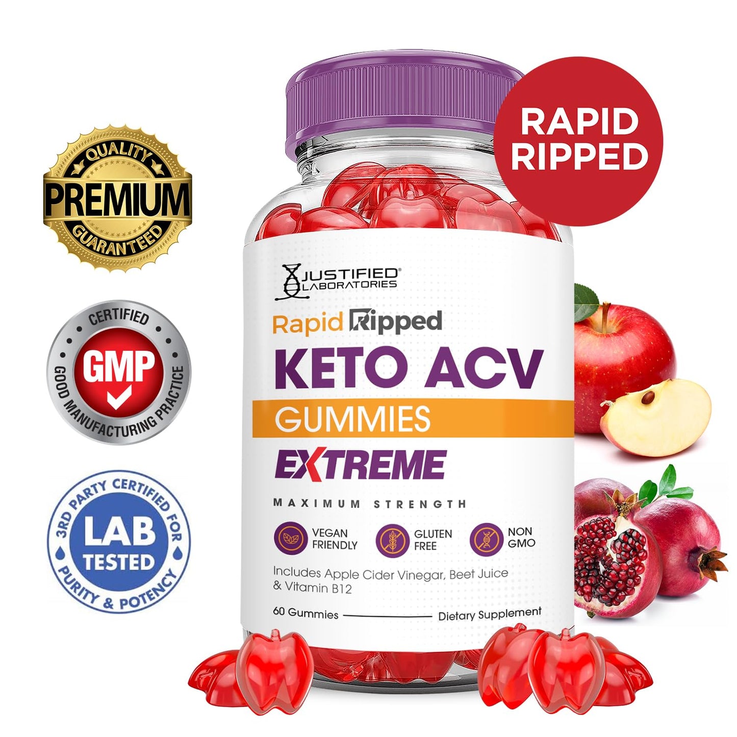 Justified Laboratories Rapid Ripped Keto ACV Gummies Extreme 2000MG, 600 Gummies