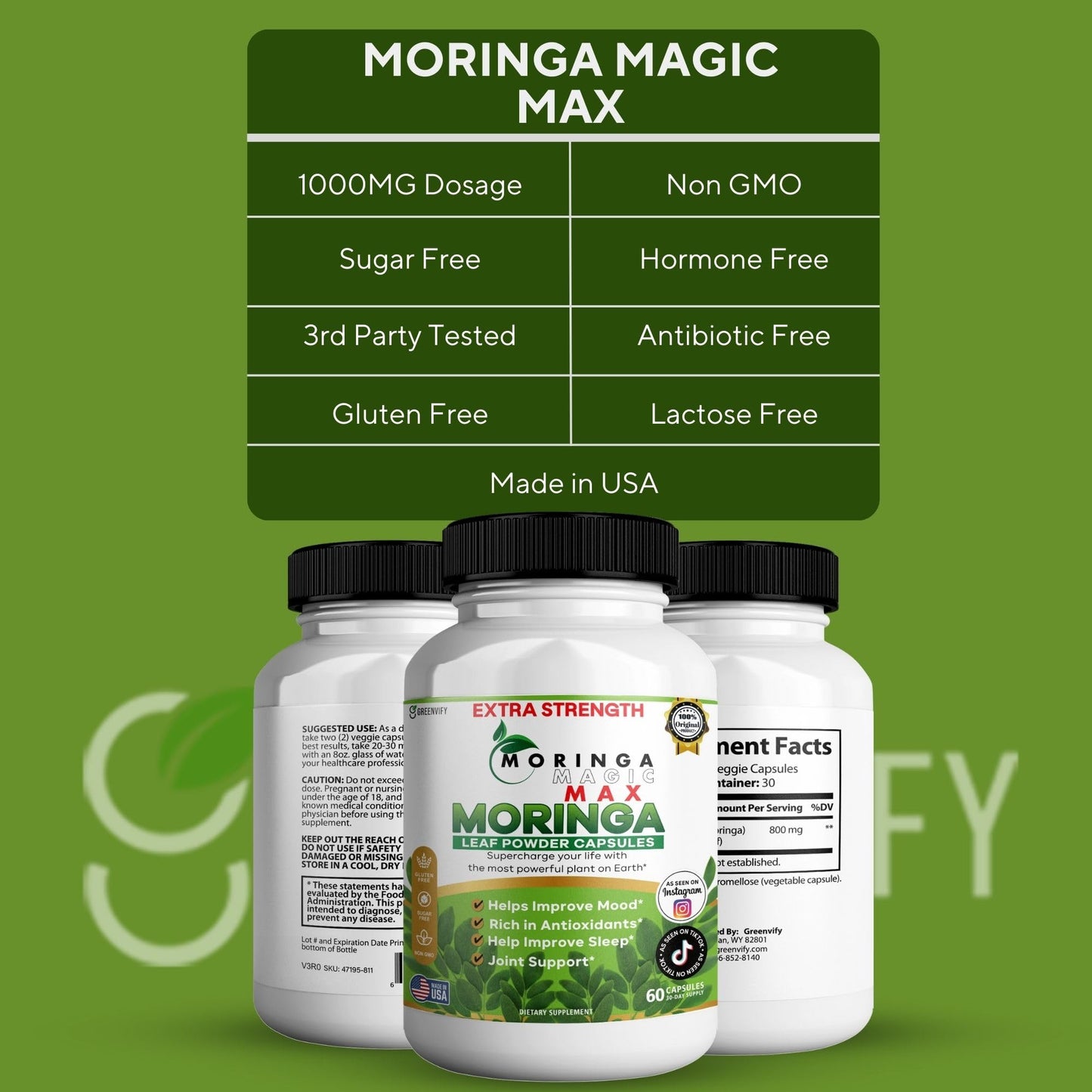 GREENVIFY Moringa Magic Max Extra Strength Capsules, 60 Veggie Capsules