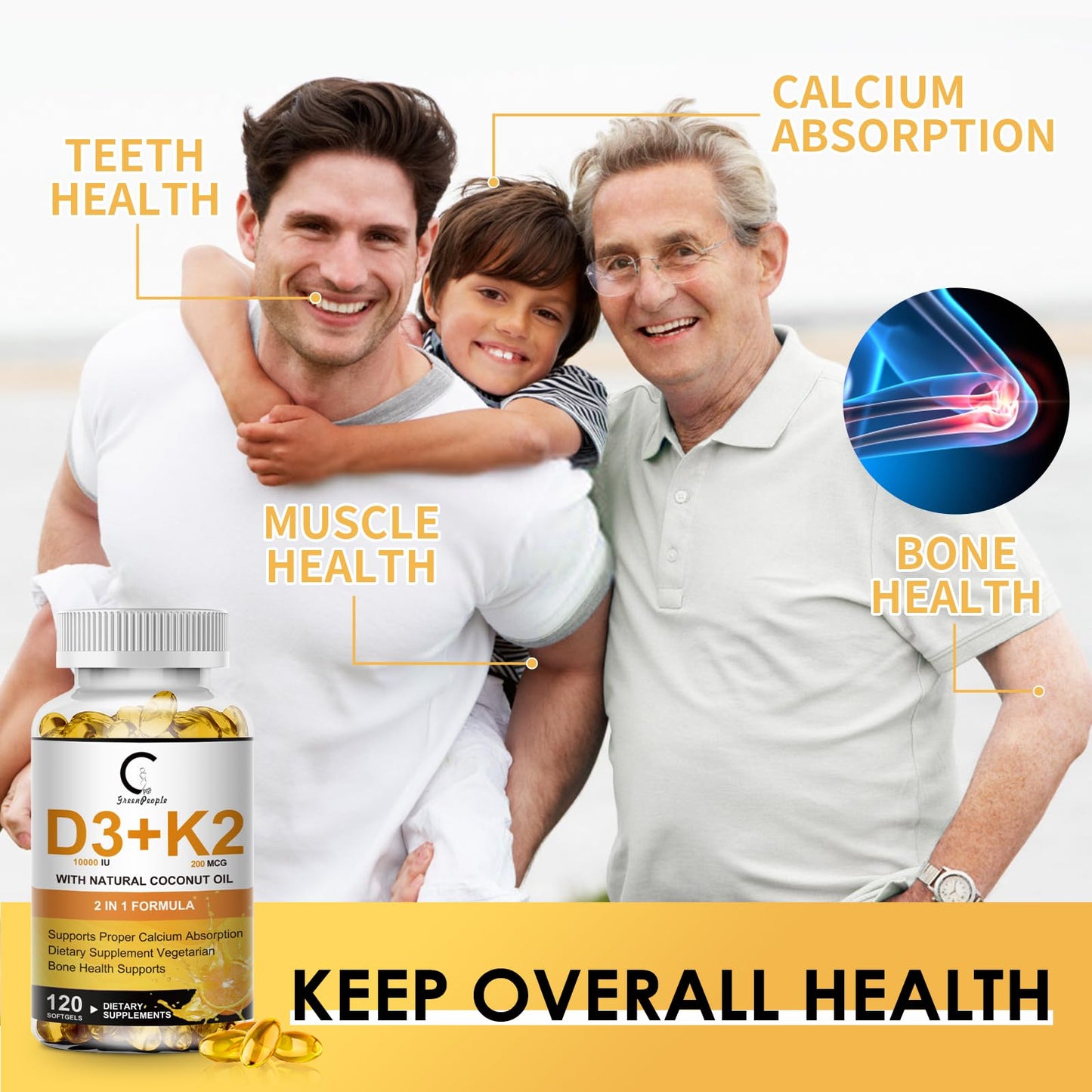 GPGP GreenPeople Vitamin D3 K2 Supplement with Vitamin D3 10000 IU, 200 mcg Vitamin K2 MK-7 & Natural Coconut Oil, Plant Based 2-1 Formula for Bone, Teeth, Muscle and Immune Health Support Softgel 120
