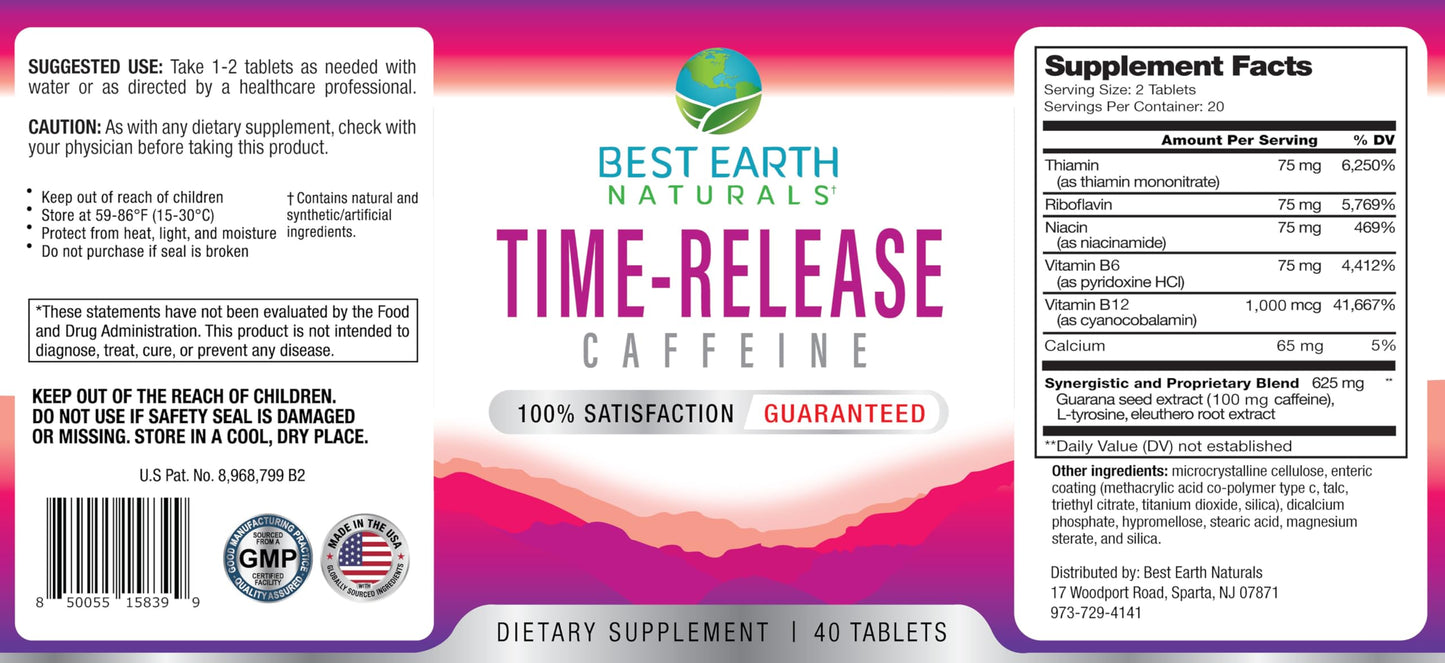 Best Earth Naturals Time Release Caffeine with L-Tyrosine, Vitamin B6, Vitamin B12, Thiamin & More Energy Supplement Tablet, 40 Count