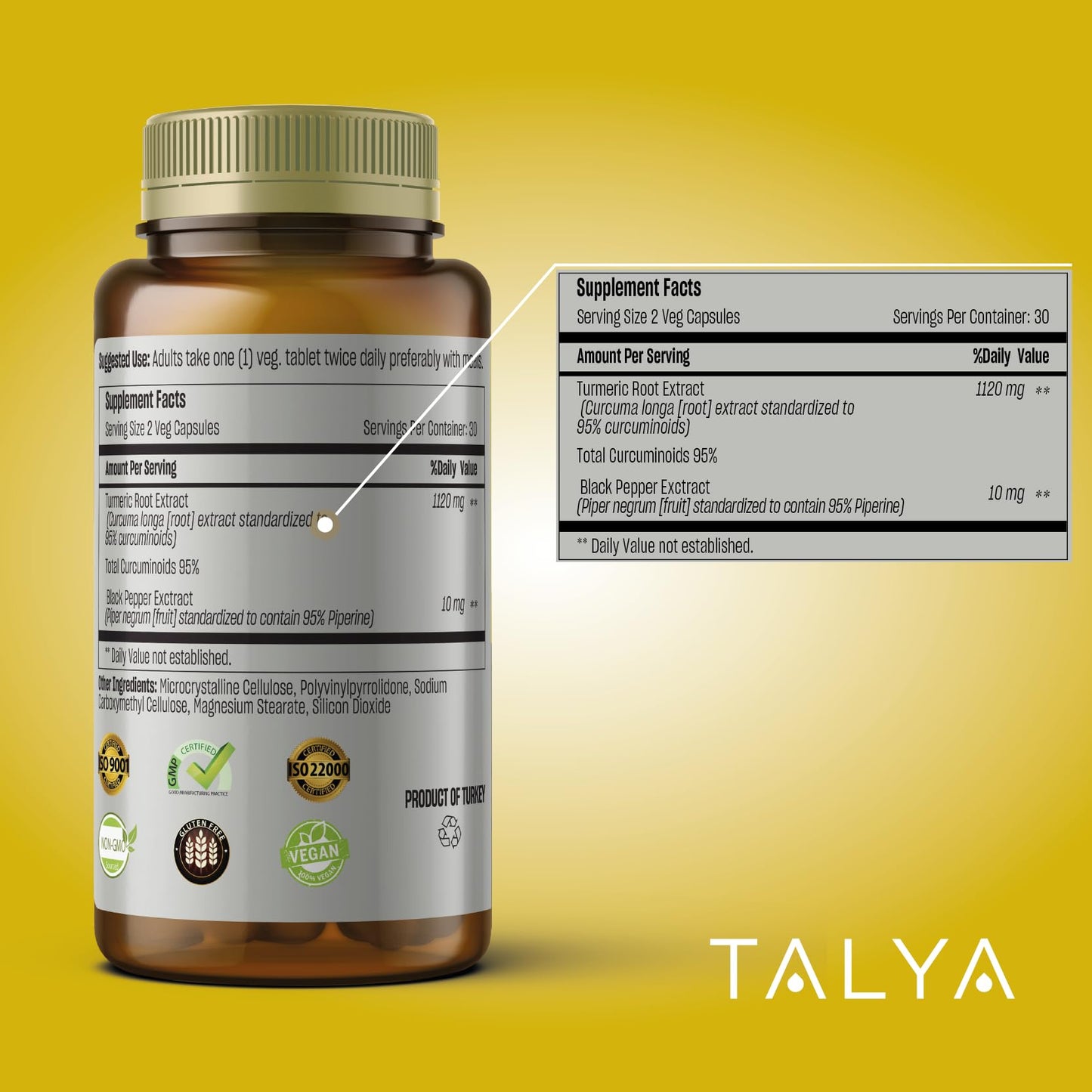 TALYA Turmeric Curcumin with Black Pepper Tablets, 60 Count