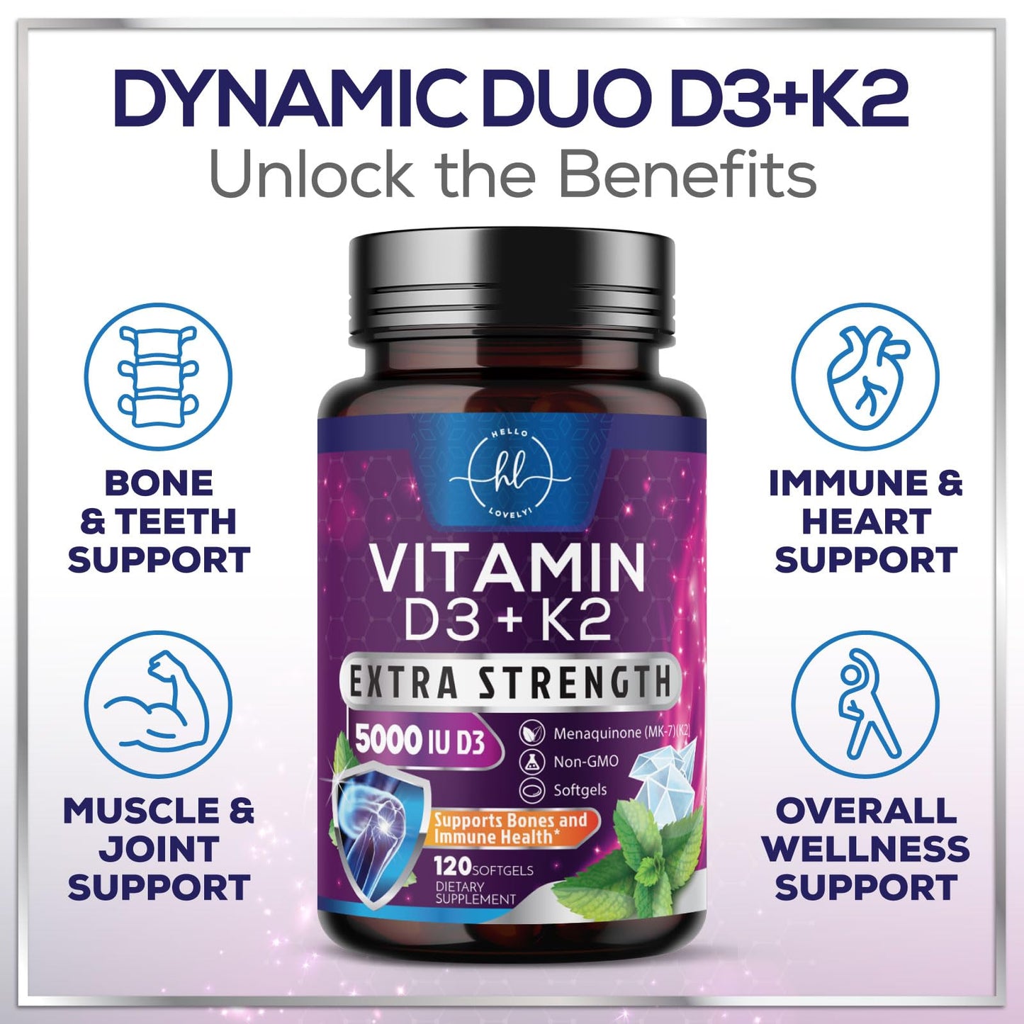 Hello Lovely! Vitamin D with K2 (MK-7) D3K2 Complex Supplement Softgels 240 Count