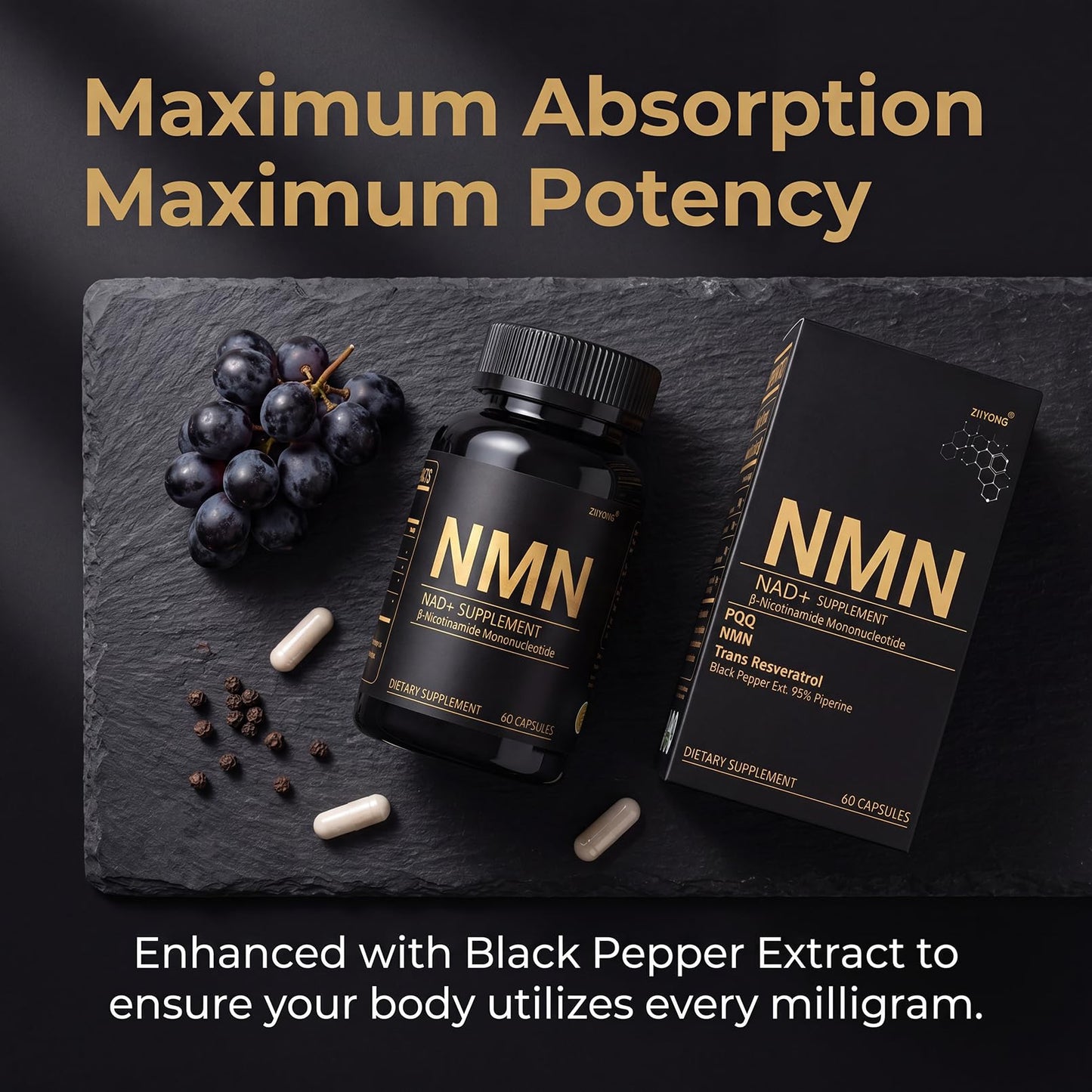 ZIIYONG NMN Supplement 1000mg Pure Organic 4-in-1 NAD+ Booster with Resveratrol, PQQ & Black Pepper Extract, 60 Capsules
