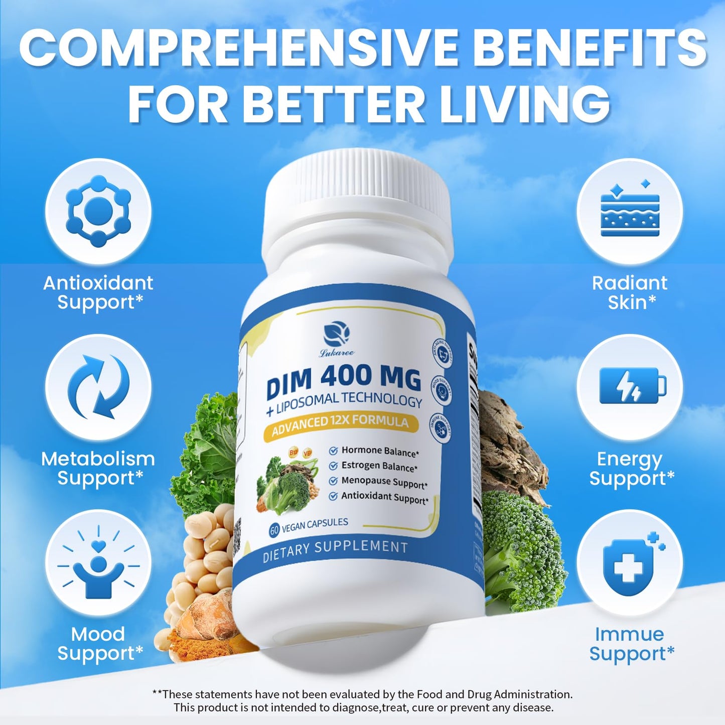 Lukaree DIM Supplement 400MG for Women with Soy Isoflavones, Capsule, 60 Count