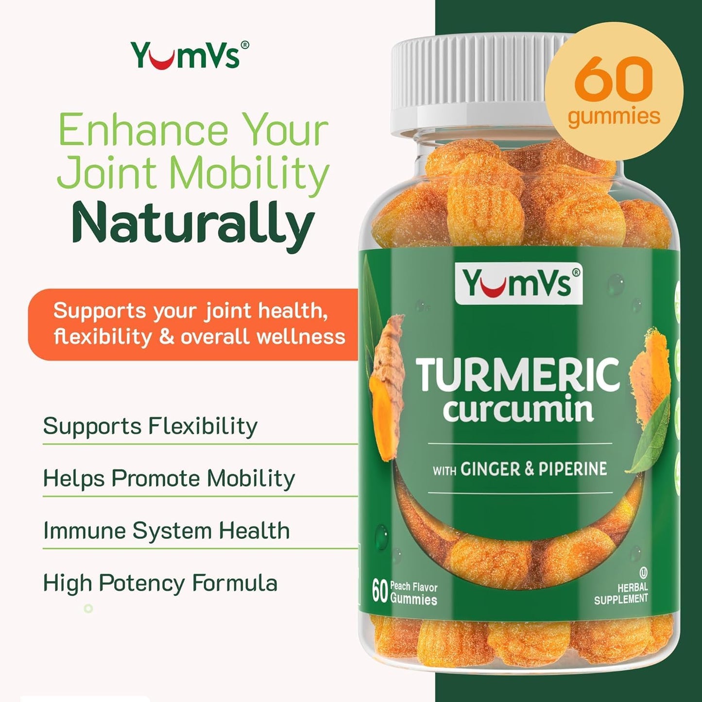 YUM-V'S Turmeric Gummies with Ginger and Piperine 120 Count