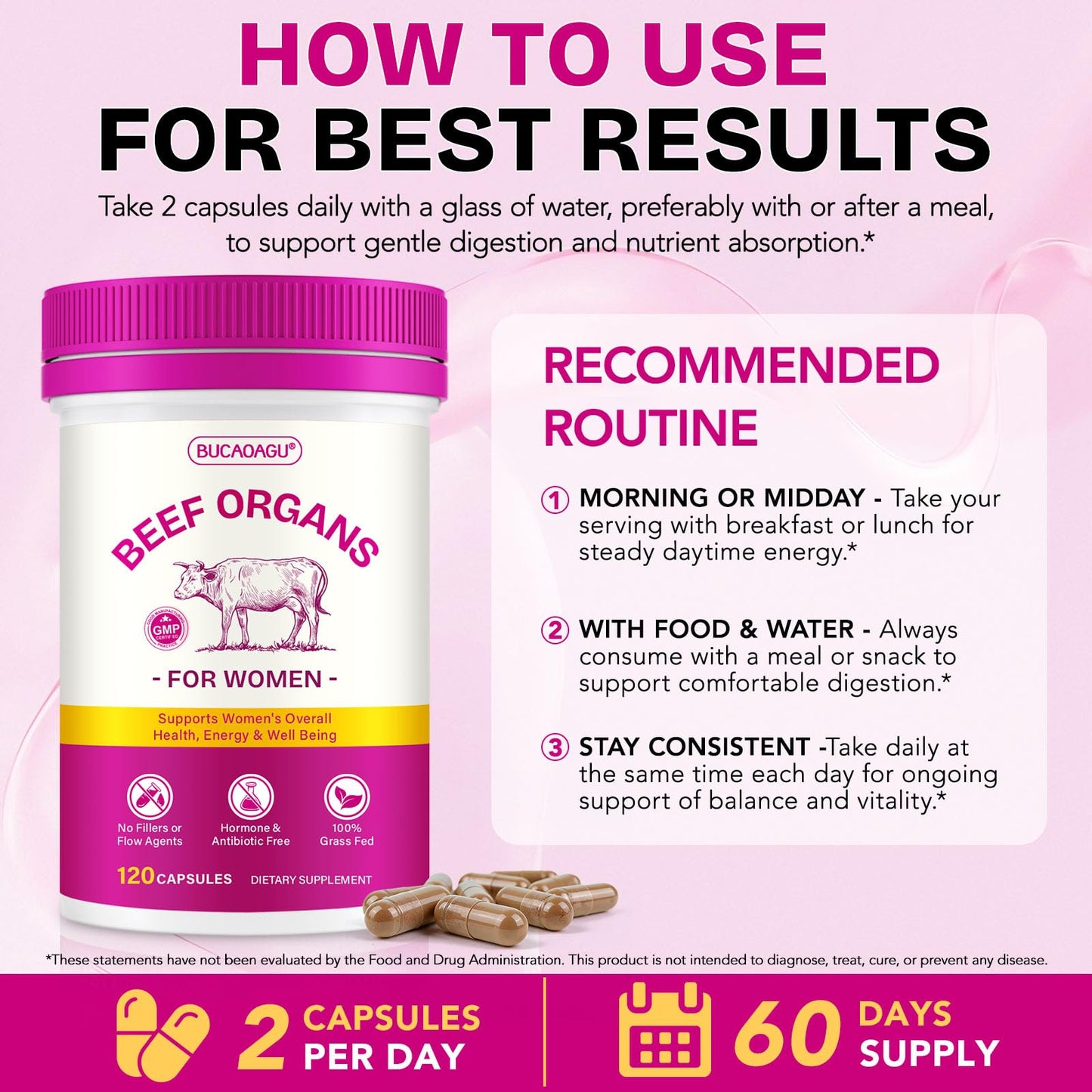 BUCAOAGU Beef Organ Supplement for Women 120 Capsules