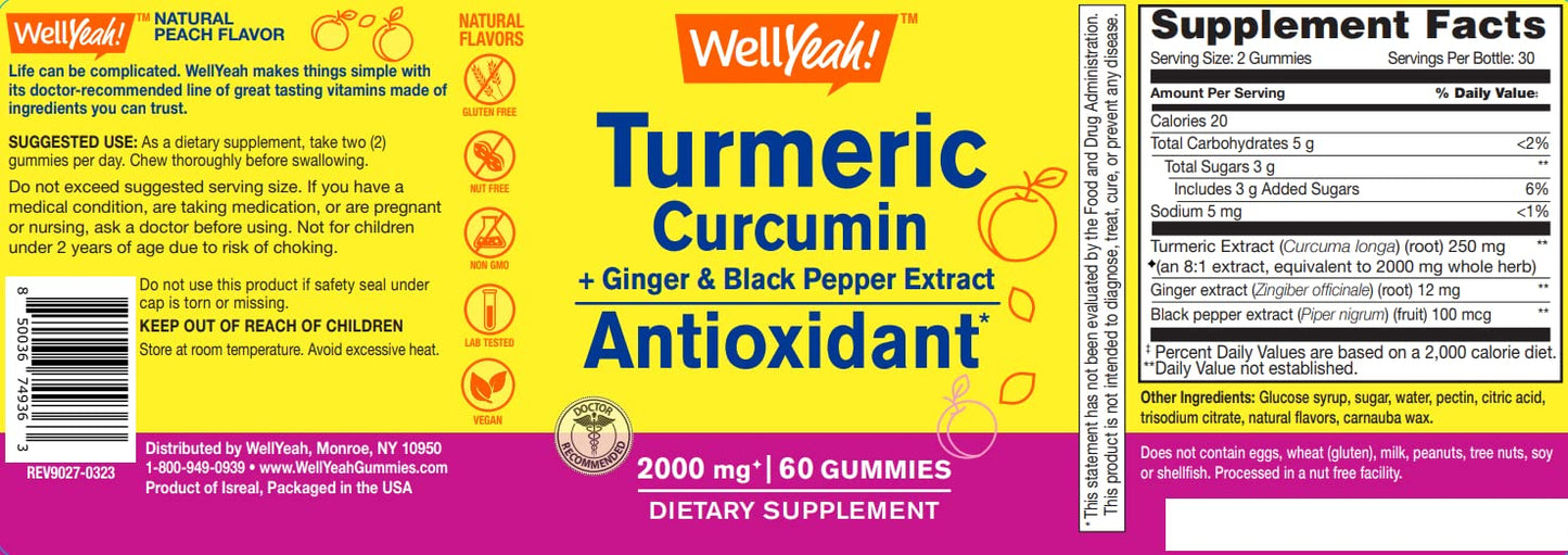 WellYeah Turmeric Curcumin Gummies, 60 Count