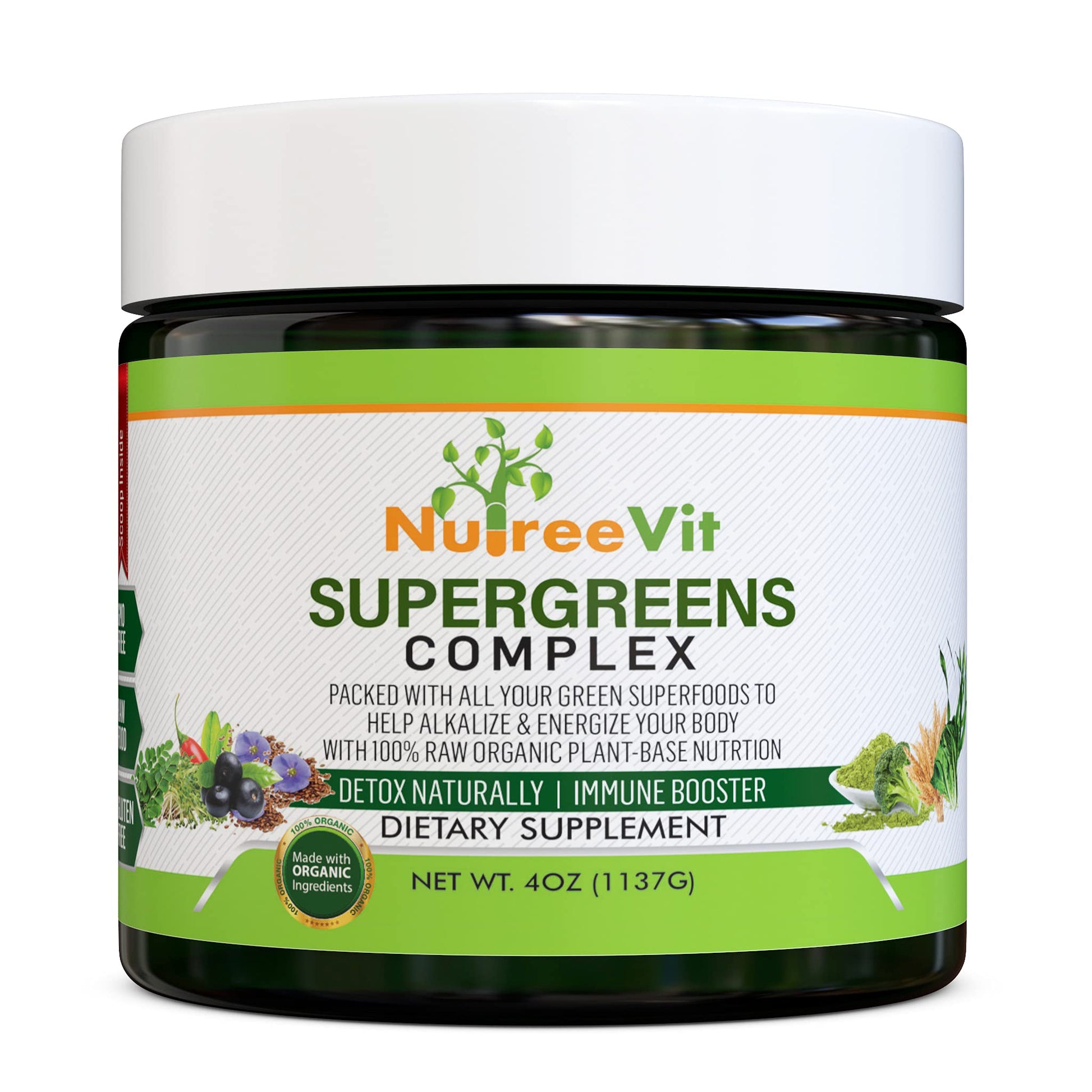 NutreeVit SuperGreens - Spirulina, Chlorella, Wheatgrass + More - Nutrient-Packed Green Blend (4OZ) Powder, 1 Count