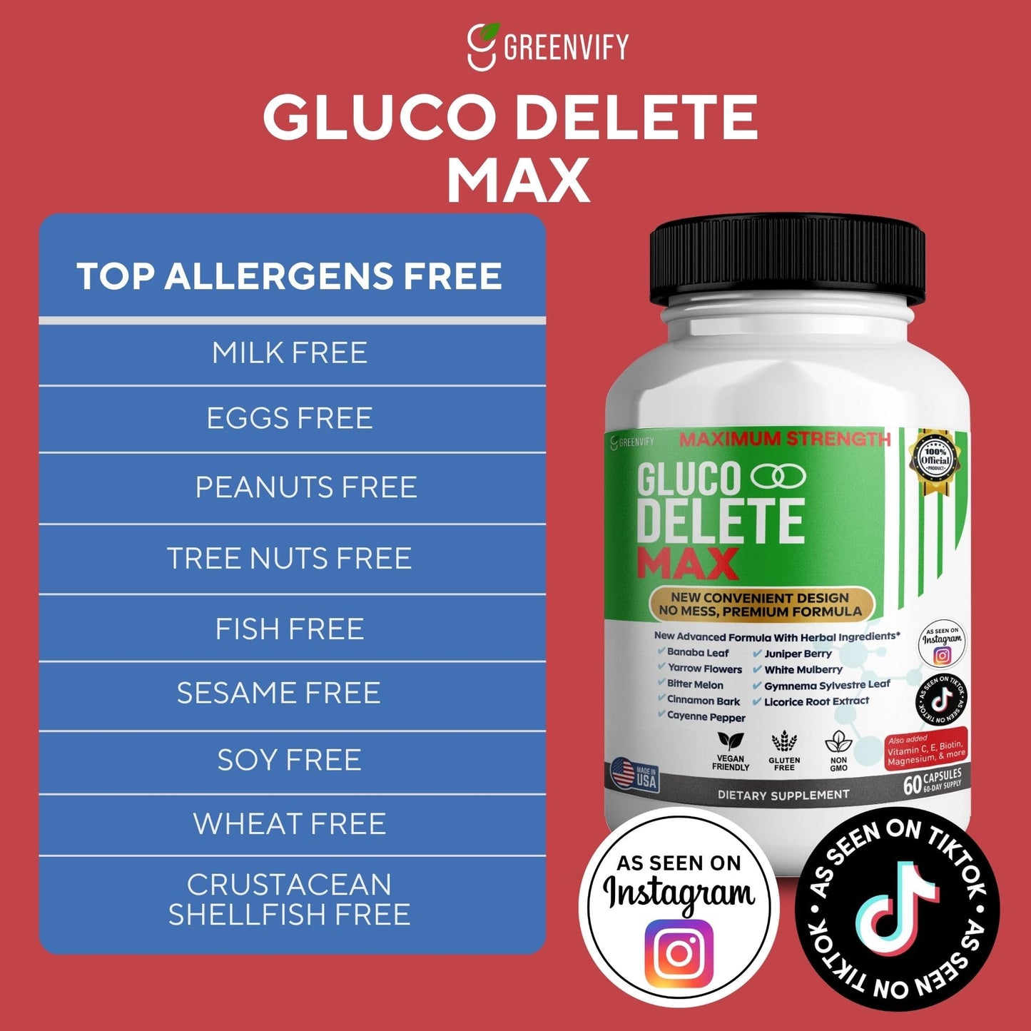 GREENVIFY Gluco Delete Max Maximum Strength Blood Sugar Supplement Capsule, 60 Capsules