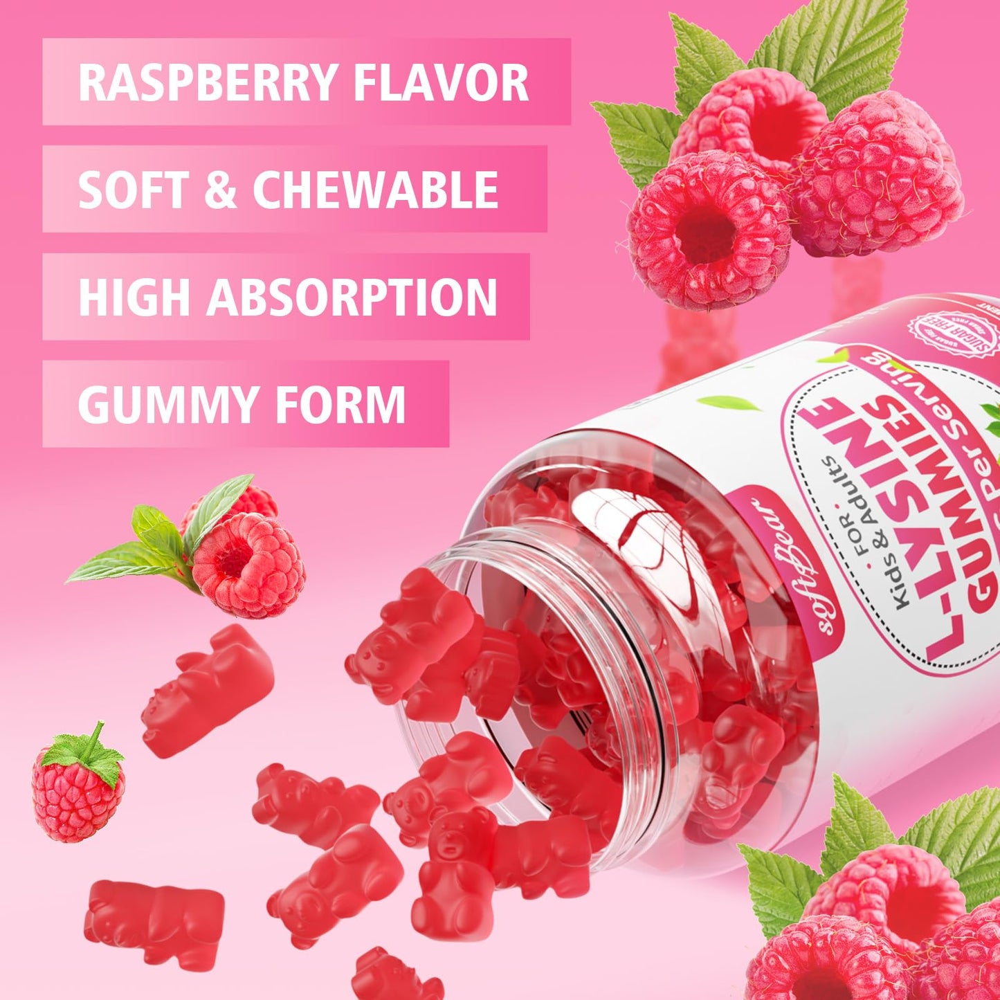 softbear L-Lysine Gummies 1000mg Chewable Lysine Supplement for Lips & Oral Health, Immune & Collagen Support, Vegan, Non-GMO, Gluten-Free, Raspberry Flavor, 120 Count