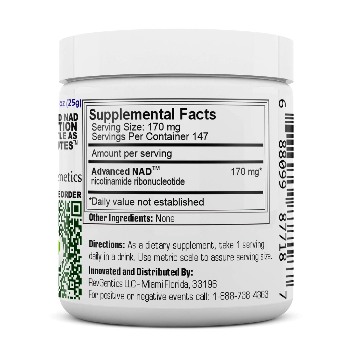 REVGENETICS Advanced NAD Powder Vitamin B3 (NAD), Dietary Supplement, 147 Servings, 25 Grams