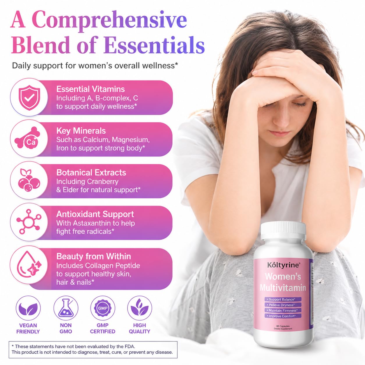 Koltyrine Vimerson Health Multivitamin for Women 13-in-1 Vitamin Complex with Biotin, Collagen & Keratin Vitamins B Complex, A, C, D3, E & K2 Hair Skin Nails & Energy Support Capsules 60