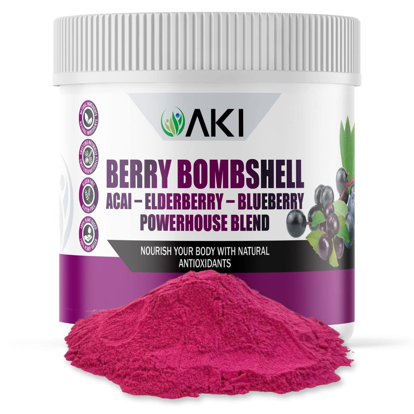 AKI ORGANIC Berry Bombshell Acai, Elderberry & Blueberry Blend Powder 5.2911