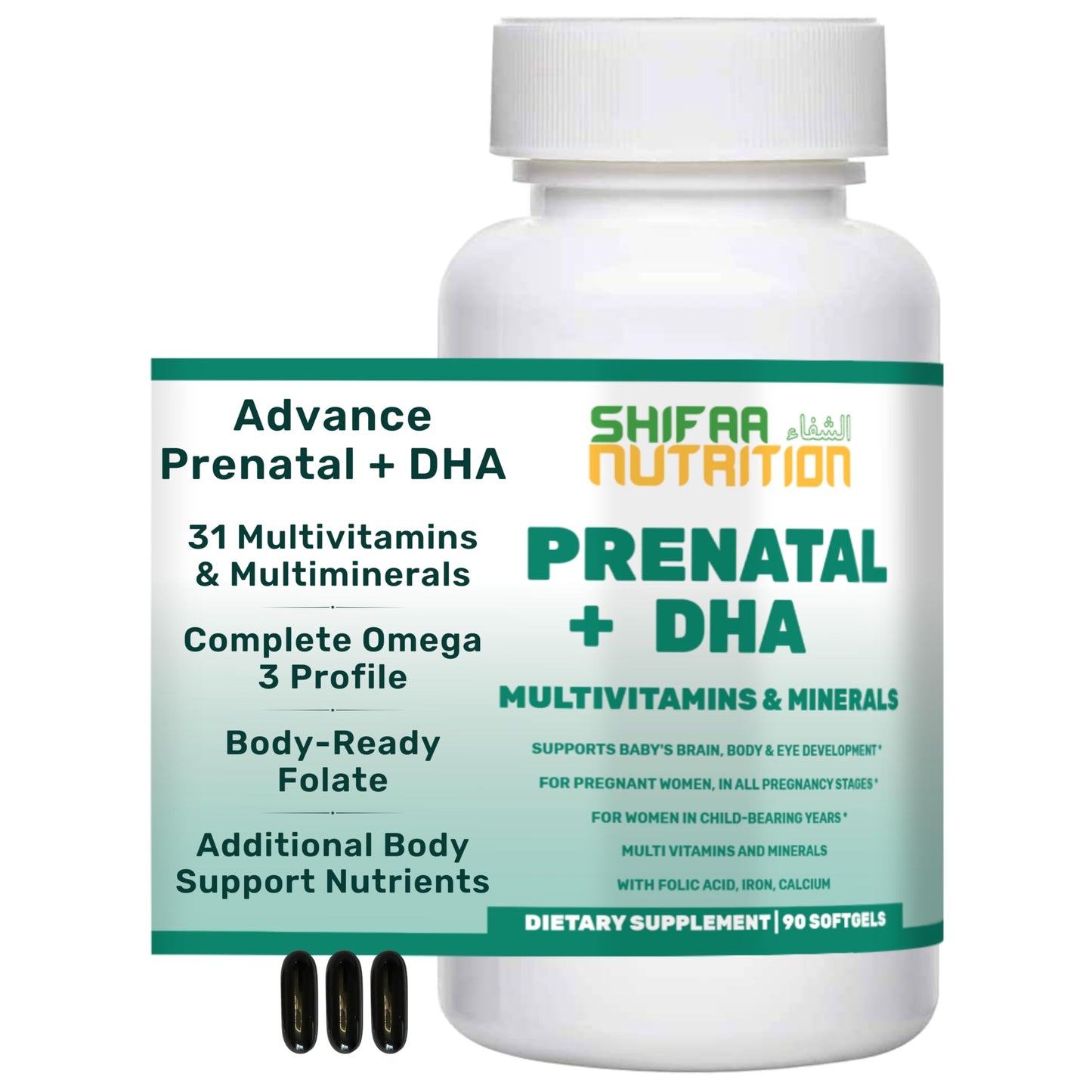 SHIFAA NUTRITION Prenatal Vitamins with DHA and Folic Acid 90 Softgels