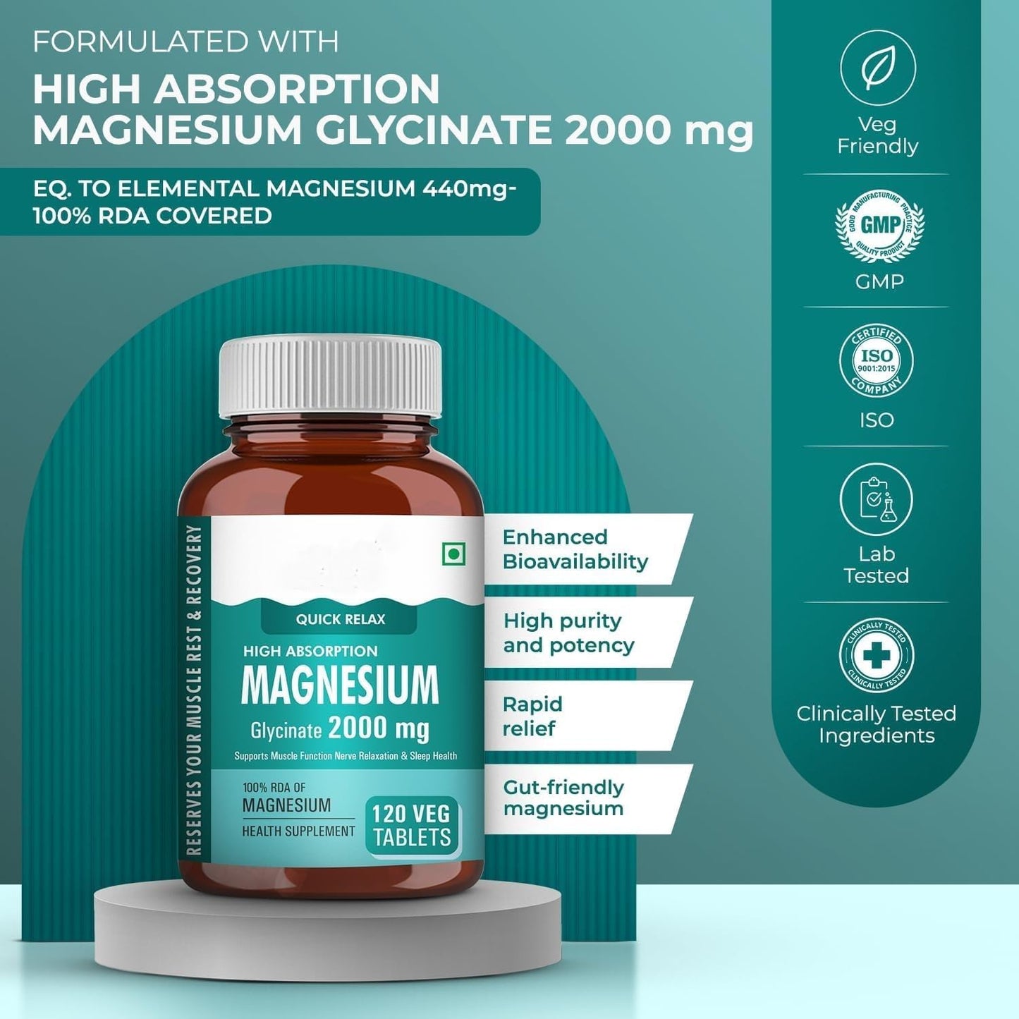 Generic Magnesium Glycinate Supplement 2000mg Per Serving, High Absorption Chelated Form, Helpful in Muscle & Nerve Relaxation, 120 Capsules