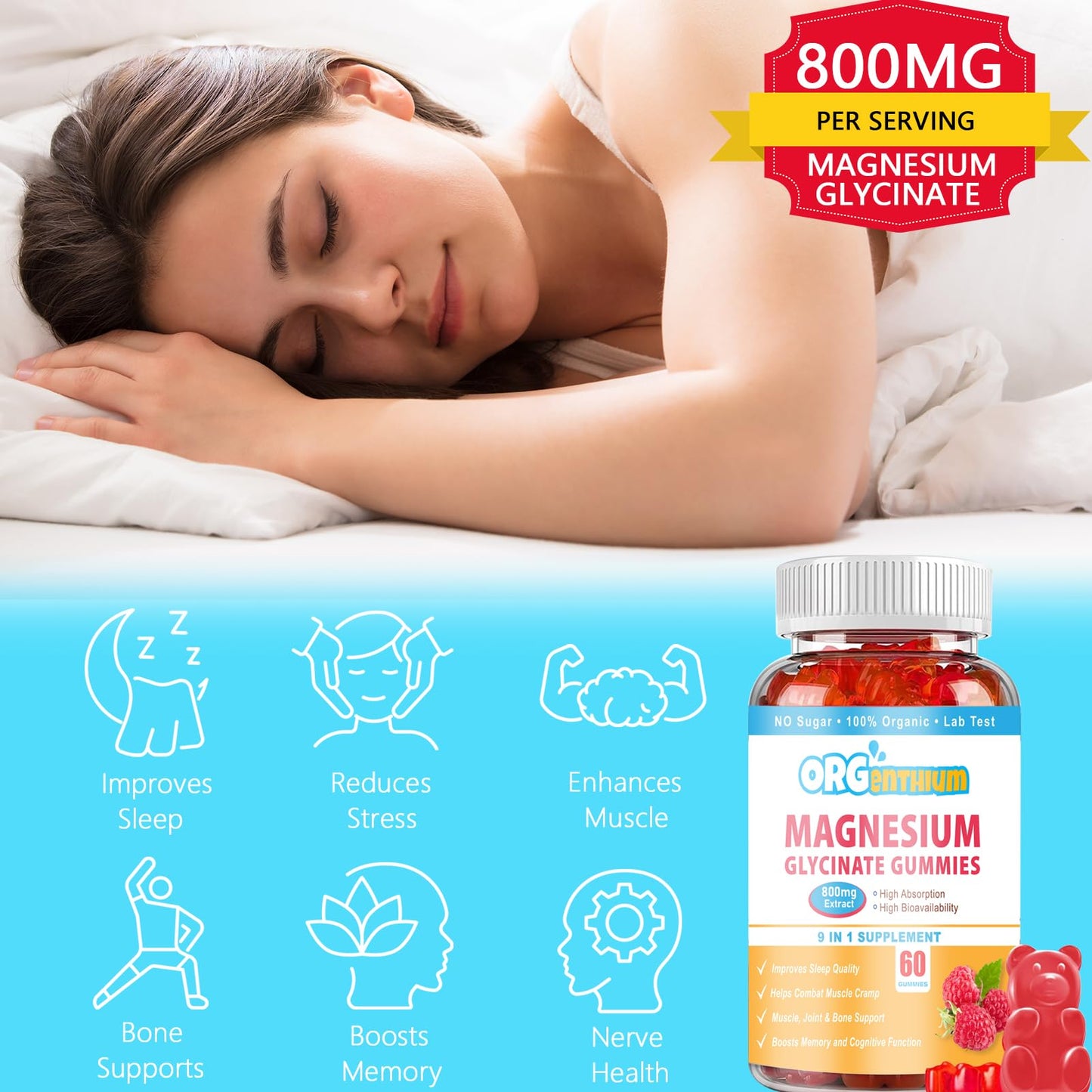 OrgEnthium Magnesium Glycinate Gummies 500mg with L-Threonate, Vitamin D, B6, Potassium & CoQ10 Gummy, 60 Count
