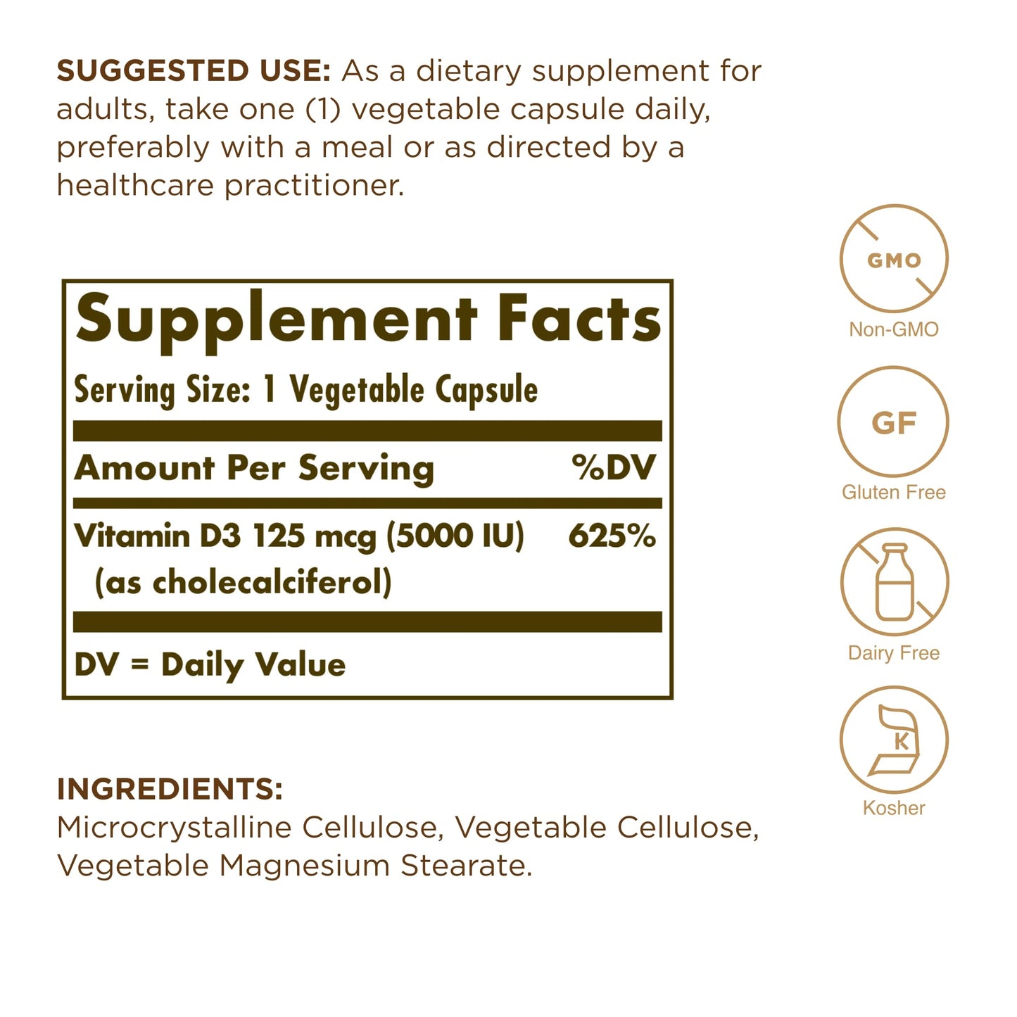 Solgar Vitamin D3 (Cholecalciferol) 125 mcg (5000 IU), 60 Capsules