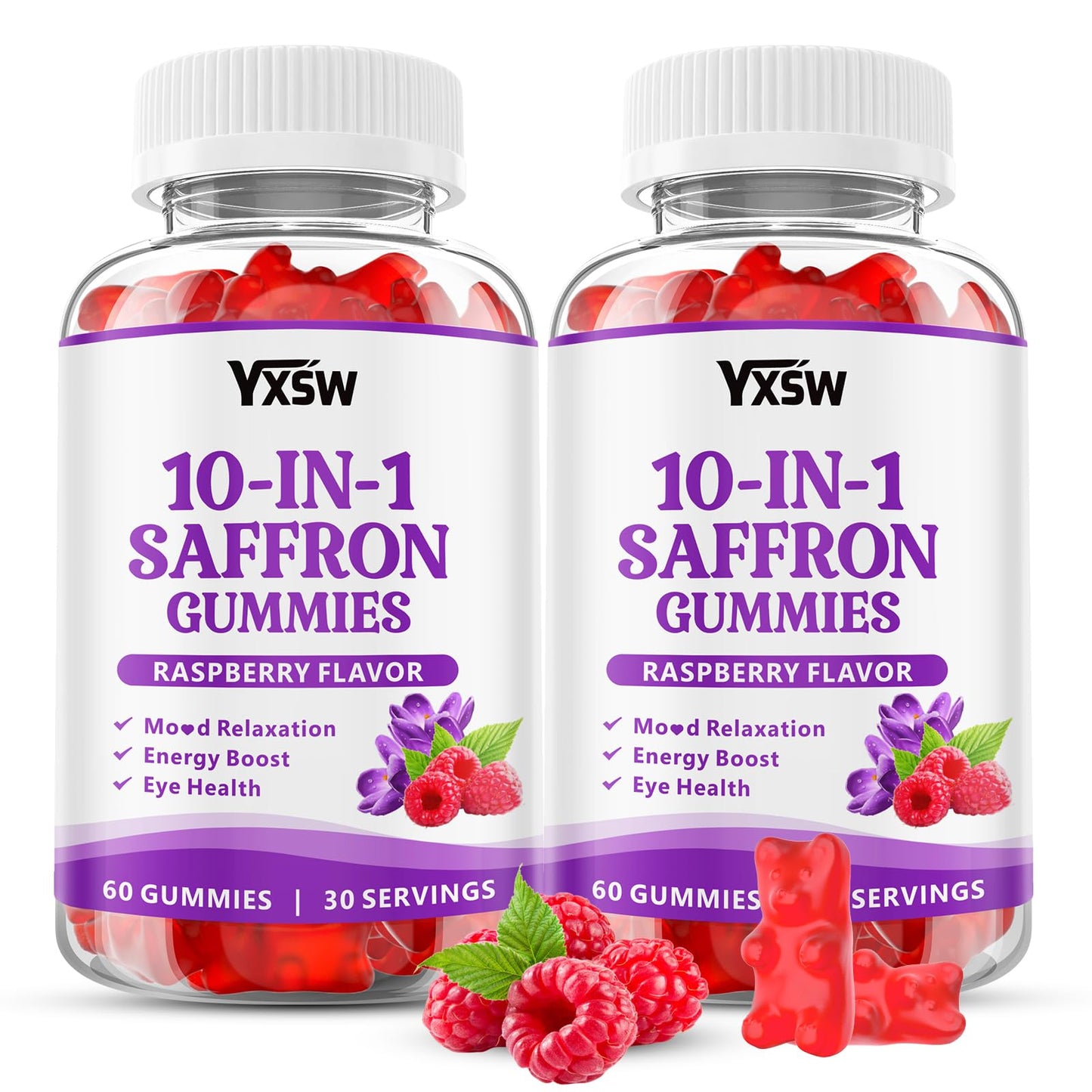 YXSW Saffron Gummies for Kids & Adults with Ashwagandha, L-Theanine, Lemon Balm, Vitamin D3, B6, Magnesium & Zinc - Support Focus, Relaxation, Raspberry Flavor, 120 Count