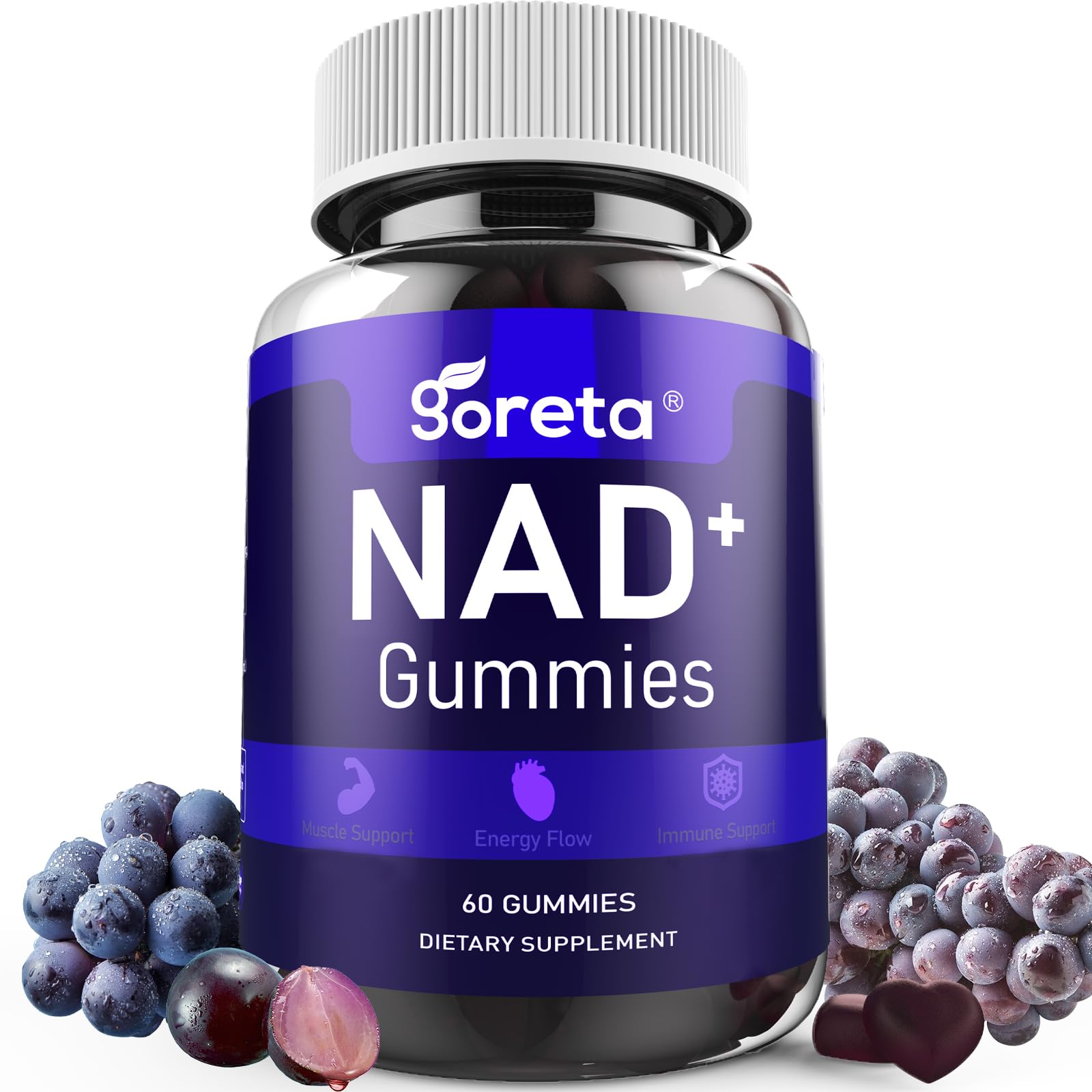 Goreta NAD+ Gummies with Resveratrol & Quercetin for Adults, Chewable Grape Flavor, 60 Gummies