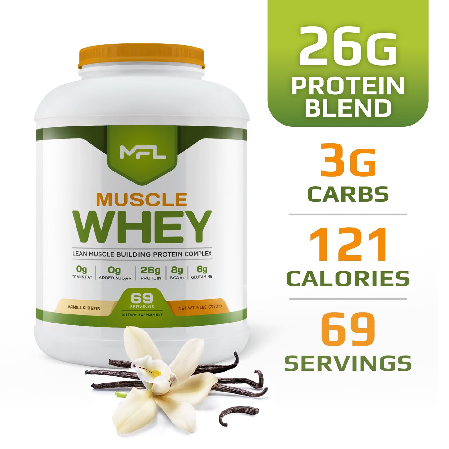 MUSCLE FOOD LABS Muscle Whey Protein Powder Vanilla Bean, 5 lb, 80 Servings