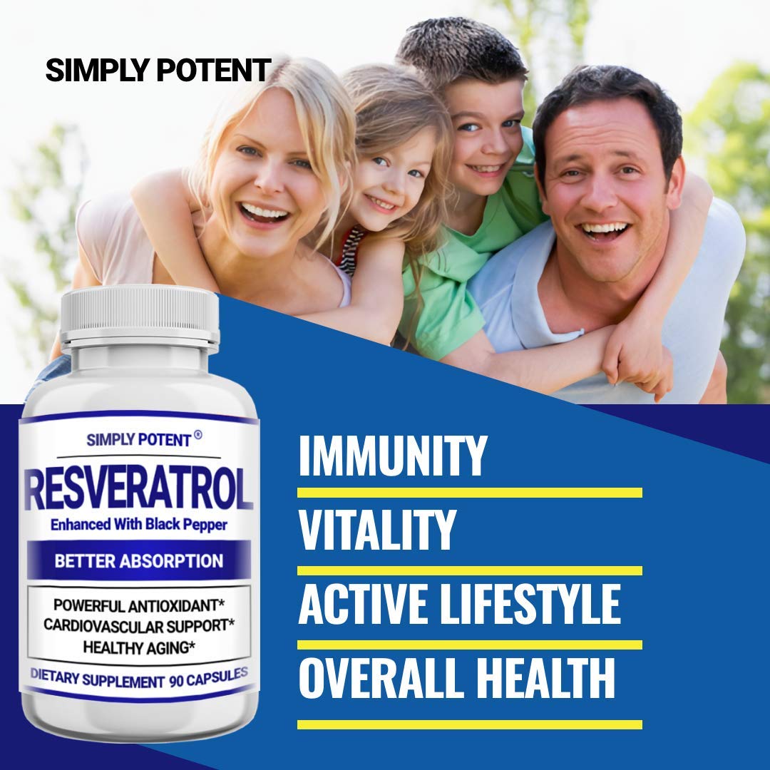 Simply Potent Resveratrol 1000mg Supplement with Black Pepper for Max Absorption, 90 Capsules