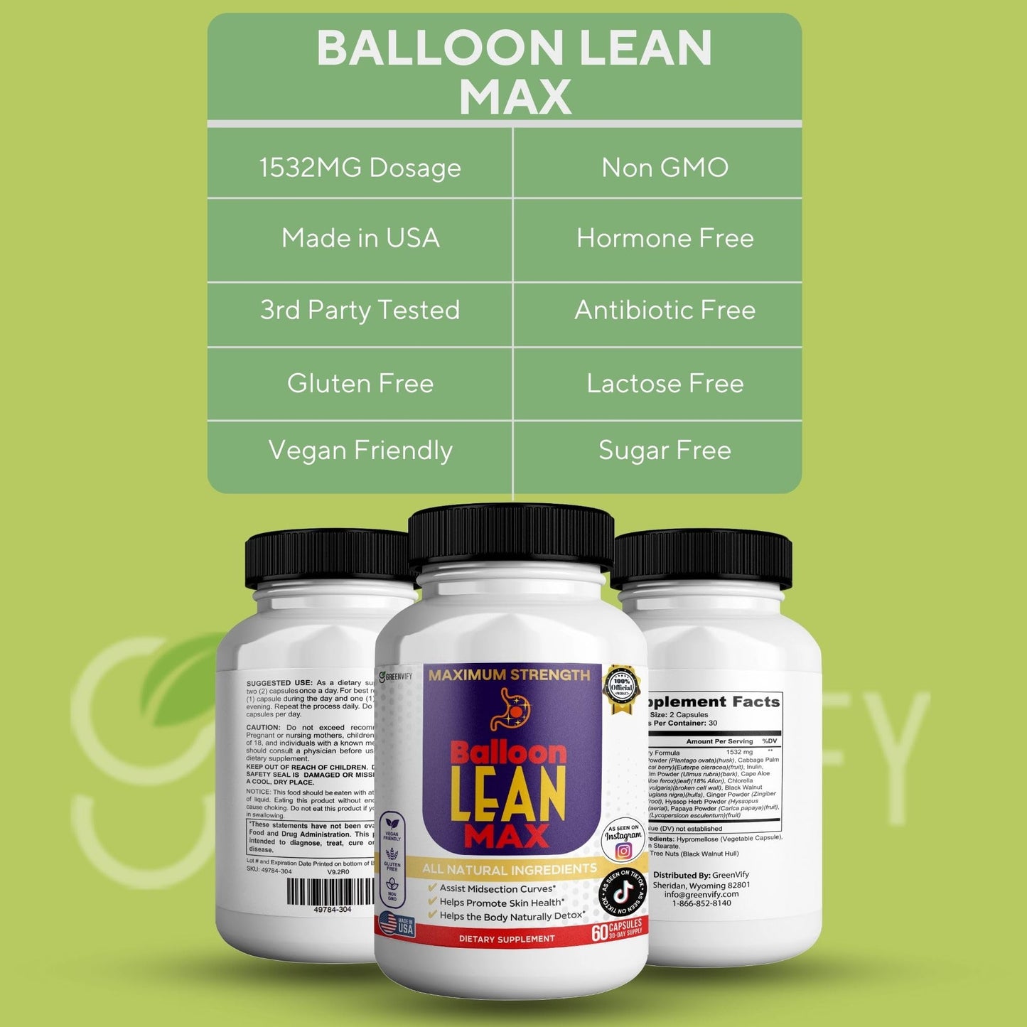 GREENVIFY Balloon Lean Max Maximum Strength Dietary Supplement 60 Capsules