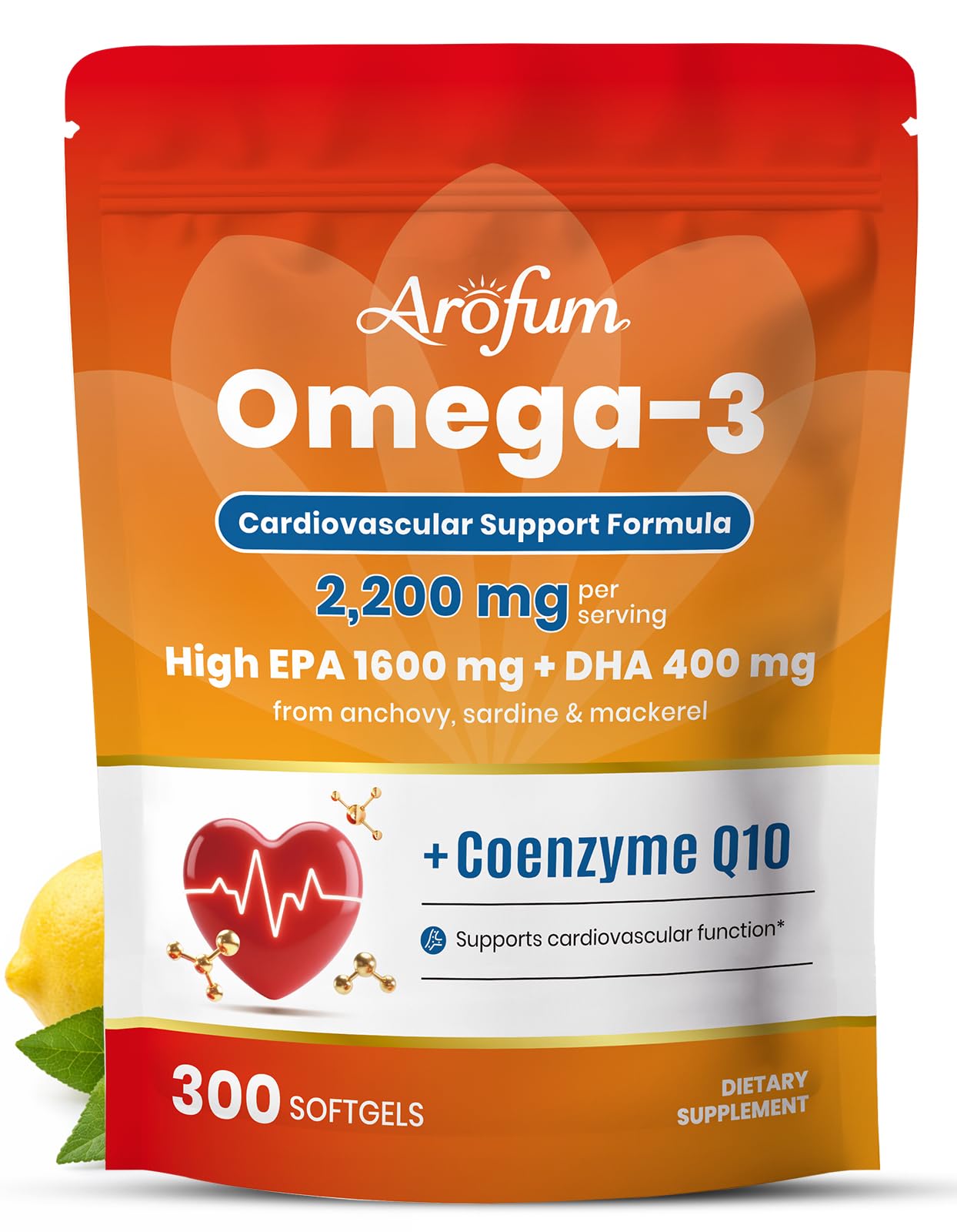 Arofum Omega 3 Fish Oil Supplements with CoQ10 300 Softgels