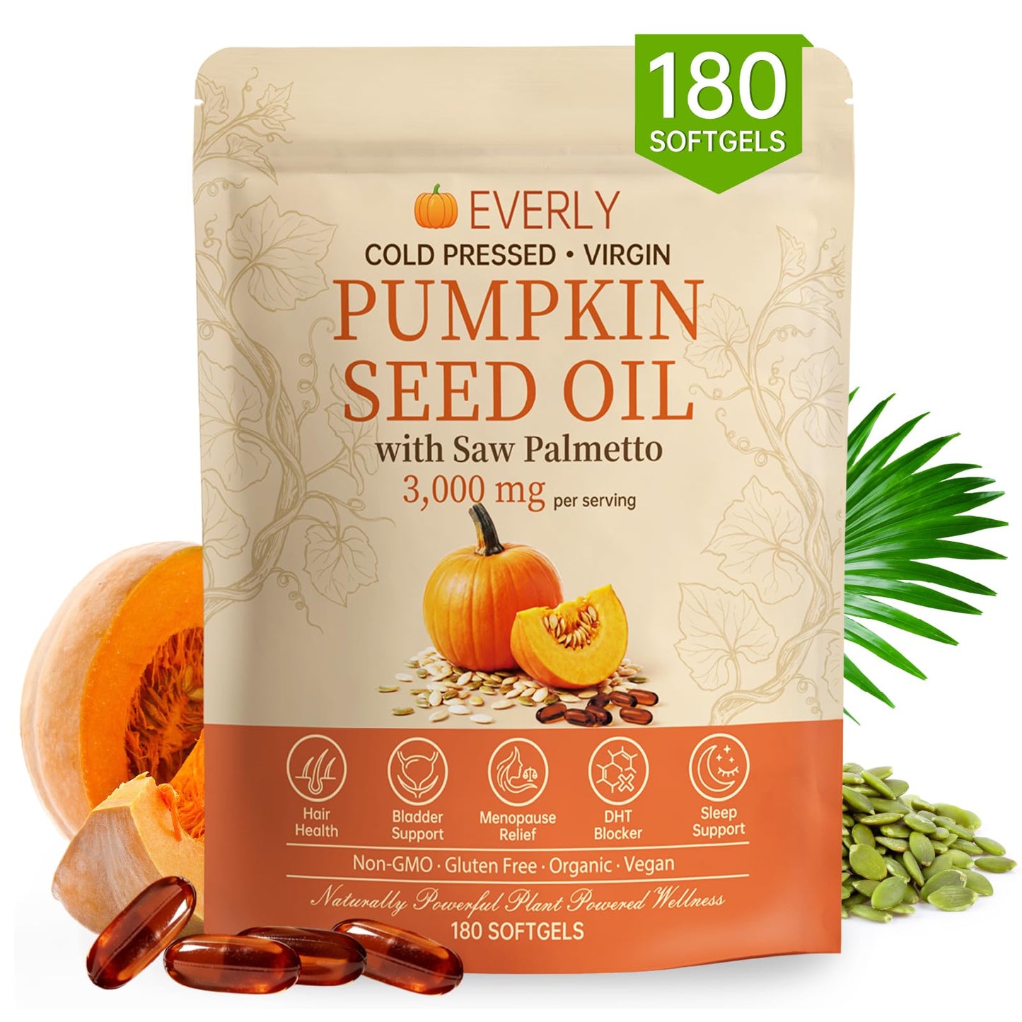 Everly Pumpkin Seed Oil with Saw Palmetto Softgels, 180 Count
