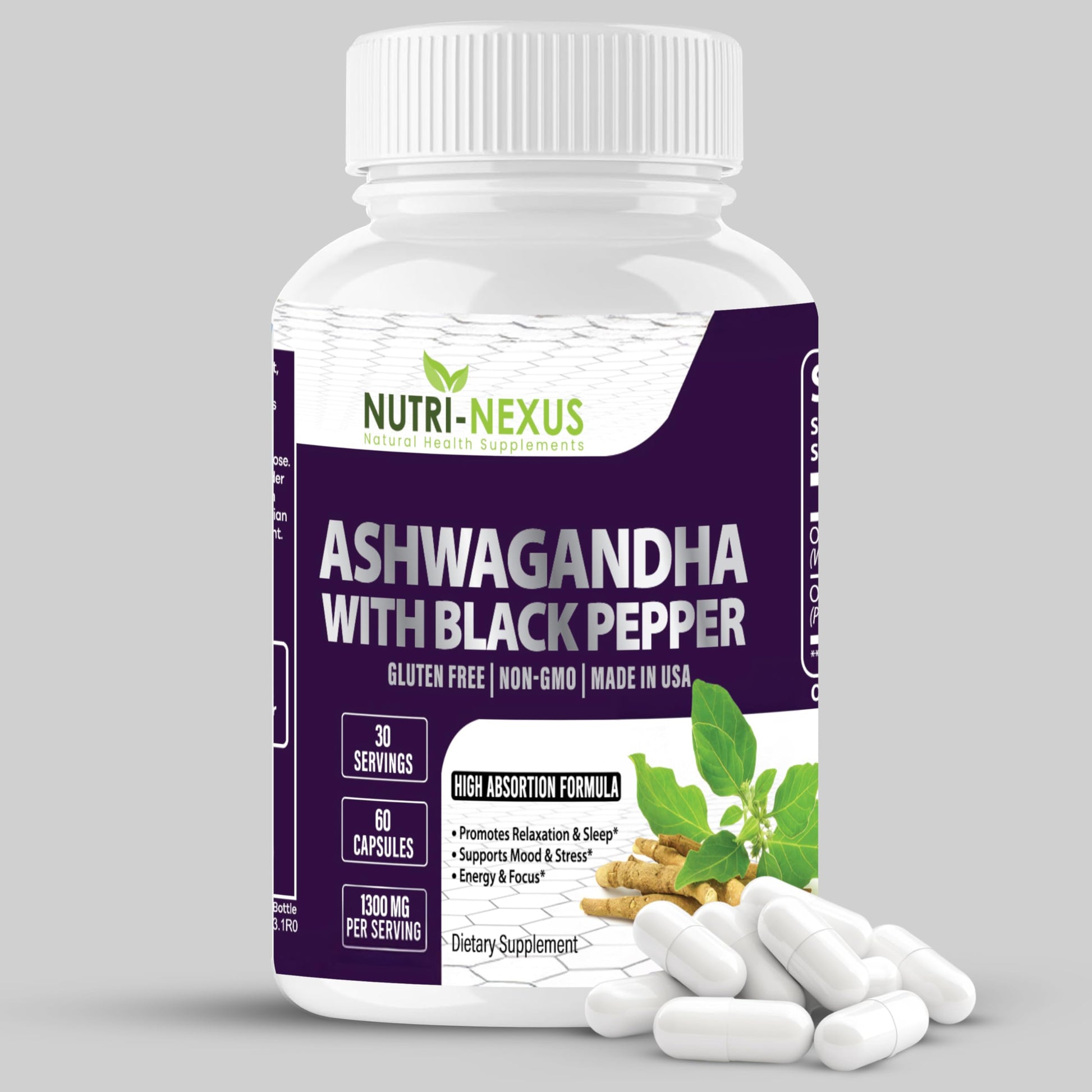 NUTRI-NEXUS Ashwagandha with Black Pepper 1300mg Organic Root Extract, 60 Capsules