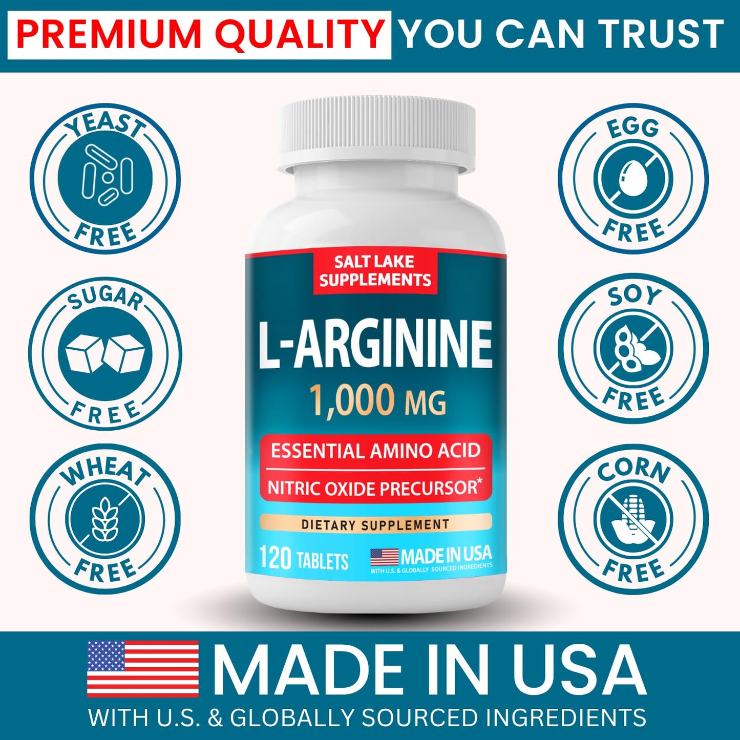 Salt Lake Supplements L Arginine 1000mg - Essential Amino Acid & Nitric Oxide Precursor Tablets, 120 Tablets