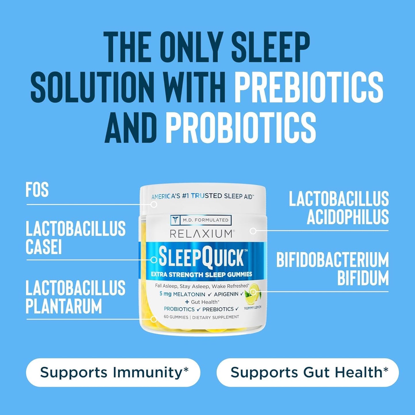 Relaxium SleepQuick Gummies - Sleep Aid + Gut Health & Immune Support, 5 mg Melatonin, Vitamin D-3 + Prebiotic & Probiotic Blend, Gluten & Drug Free, Lemon Flavor, 60 Gummies