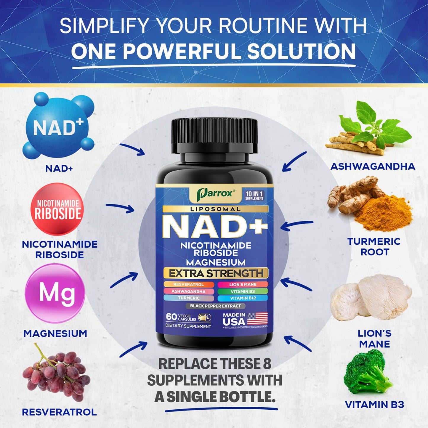 Parrox NAD+ Liposomal Nicotinamide Riboside 10-in-1 Strength Capsules, 120 Count
