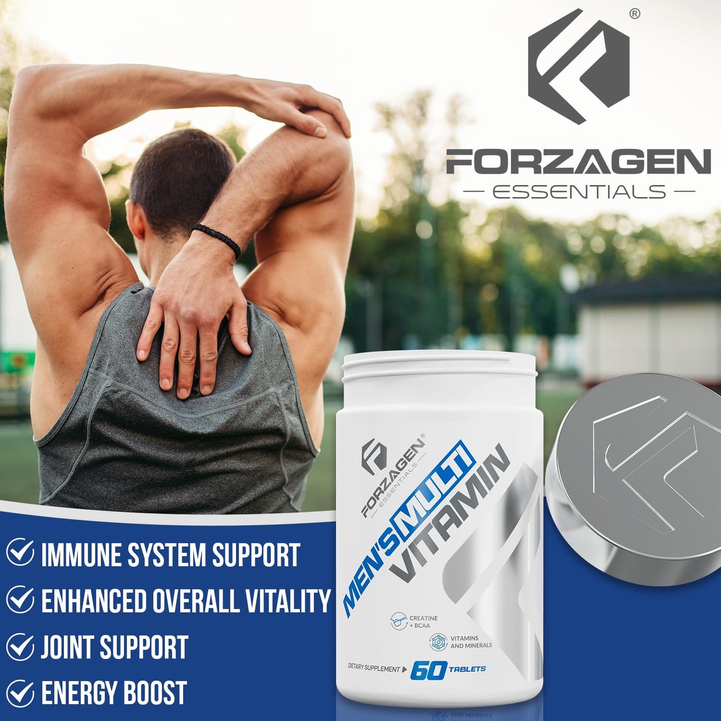 Forzagen Essentials Men's Multivitamin with Creatine and BCAA, Complete Vitamin and Mineral Complex Tablet, 1 Count