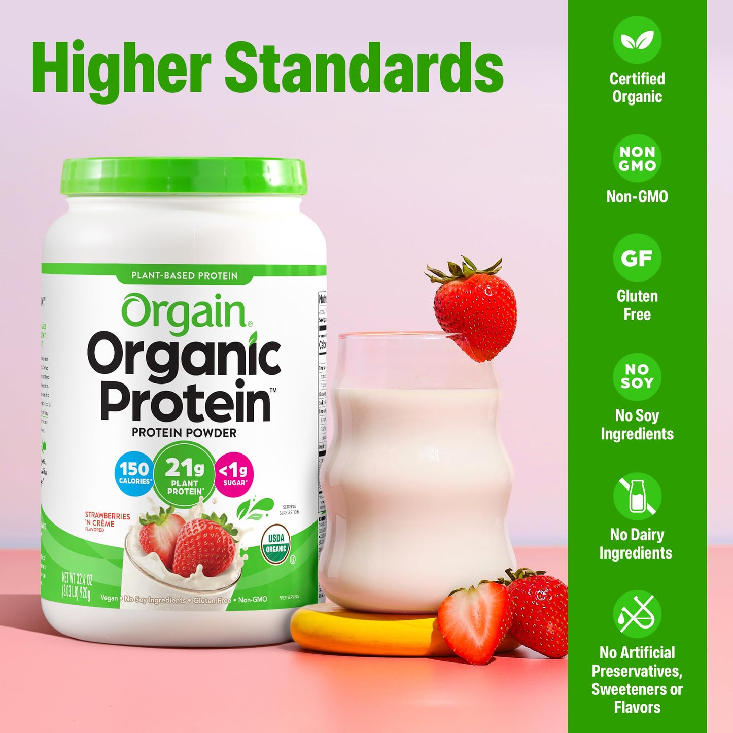 Orgain Organic Vegan 21g Protein Powder, Strawberries & Cream, 2.03 lb