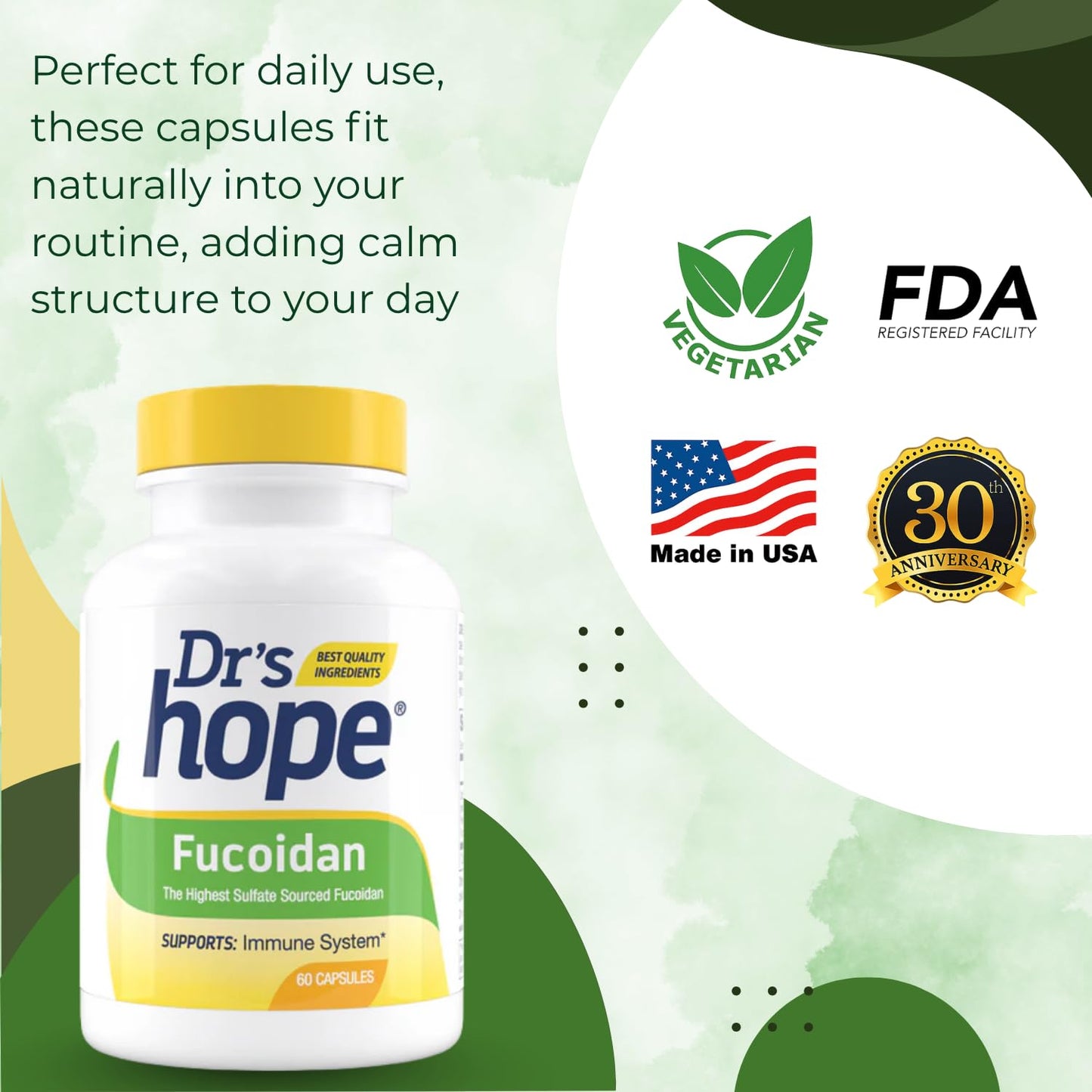 Dr’s Hope Fucoidan 65mg with Brown Seaweed Extract and Antioxidant Properties for Gut, Immune, and Heart Wellness 60 Capsules