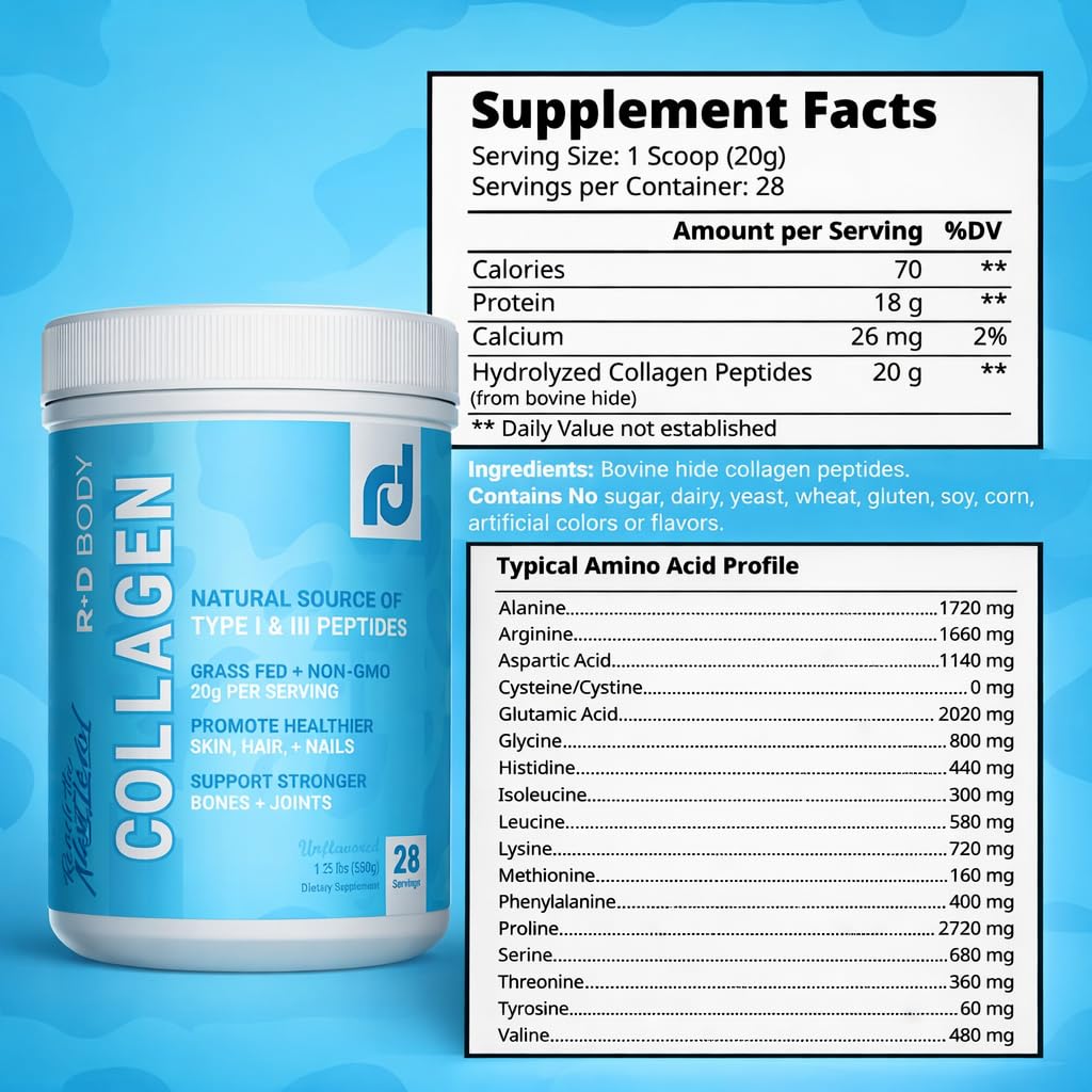 R+D Body Natural Hydrolyzed Collagen Peptides Powder - Grass-Fed Type I & III (20g per Serving) - Supports Skin, Hair, & Nails, Plus Joint & Bone Support - Unflavored - 28 Servings
