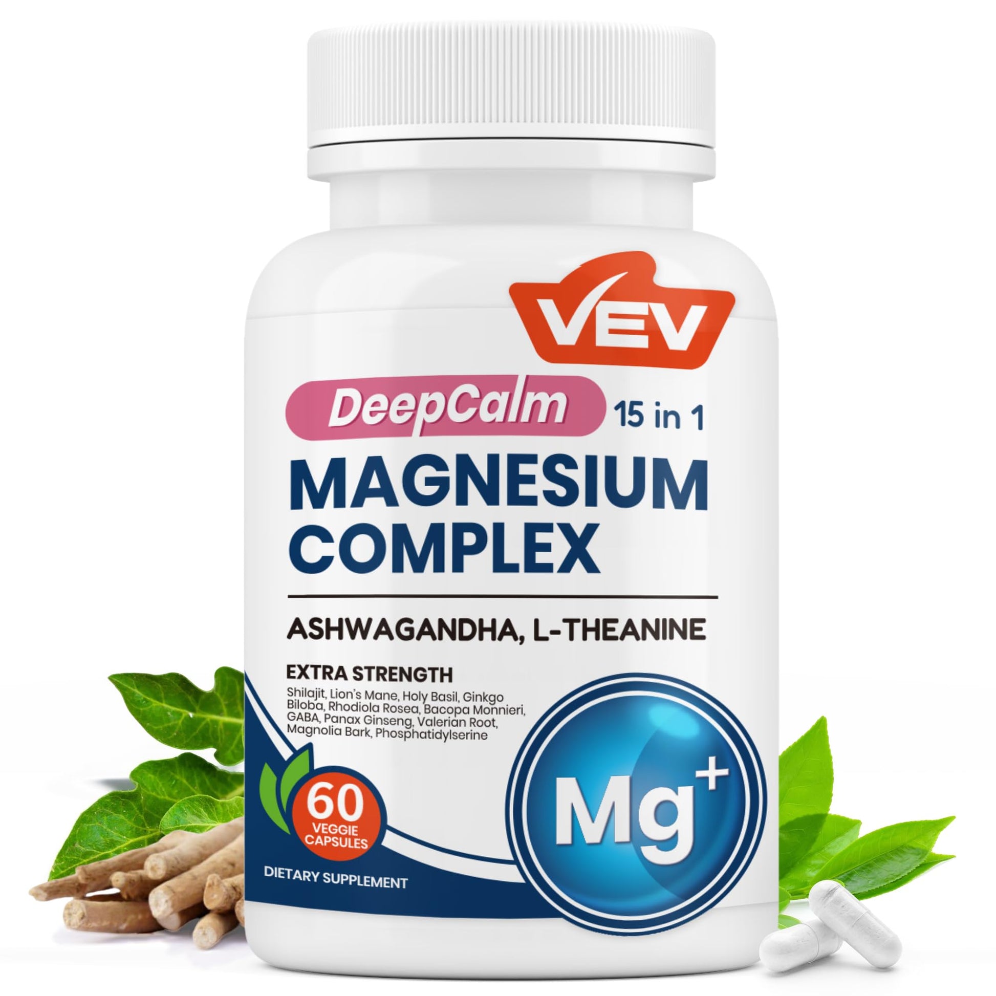 VEV Deep Calm 15 in 1 Magnesium Glycinate & Citrate Complex Capsules, 60 Vegan Capsules