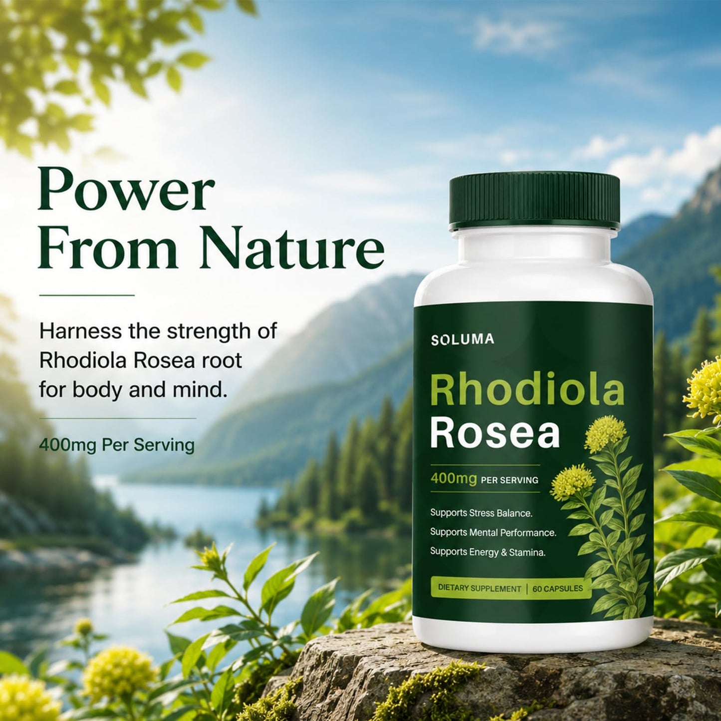 Soluma Rhodiola Rosea 400mg Capsules, Adaptogen Supplement for Stress, Focus & Energy Support, Non-GMO, 60 Capsules